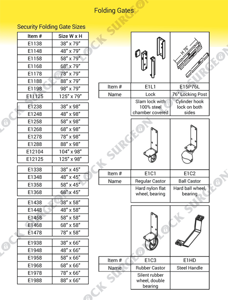 Calgary folding gate window security bars listed in sizes available.