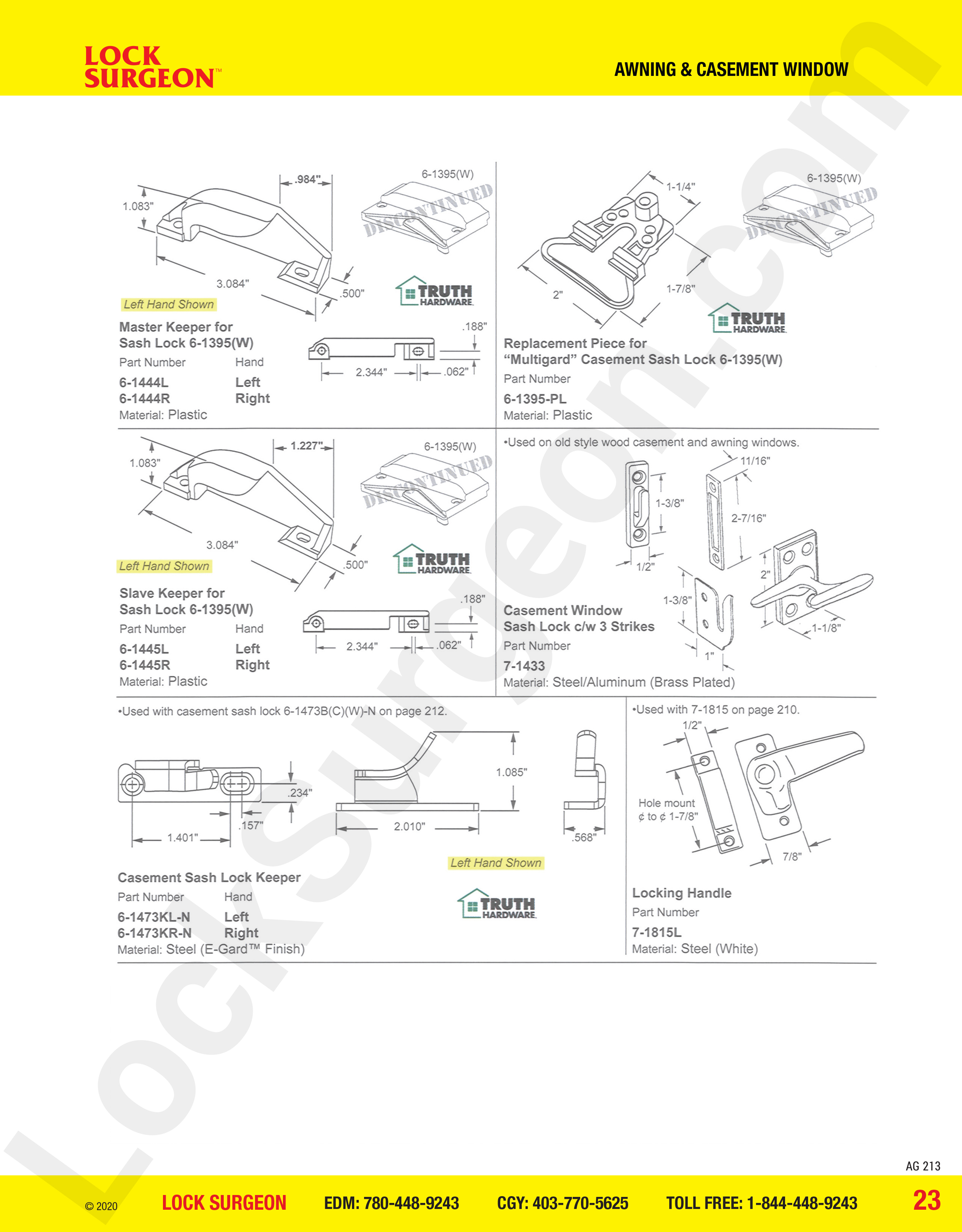 awning and casement window parts for sash locks.