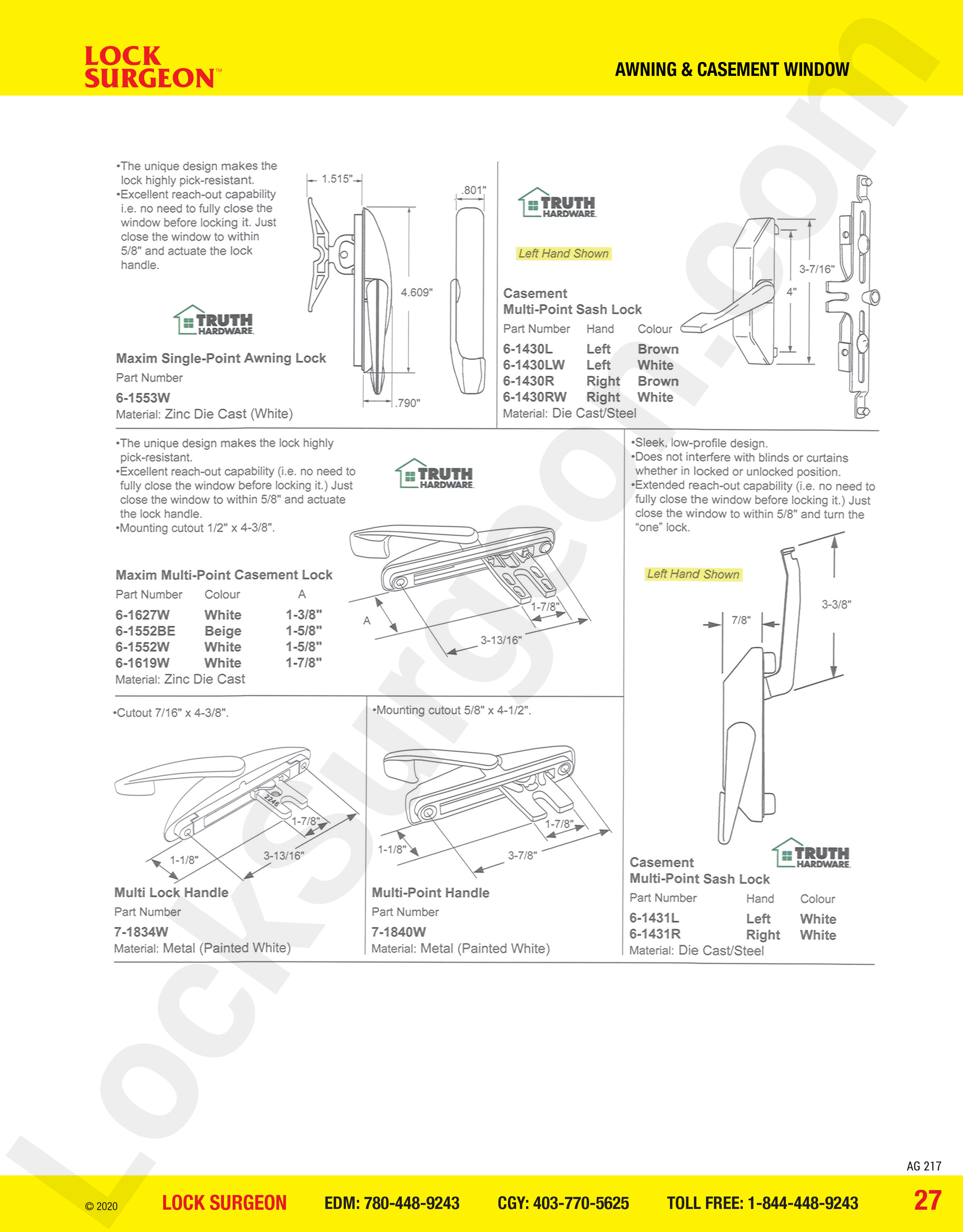 awning and casement window parts for locks.