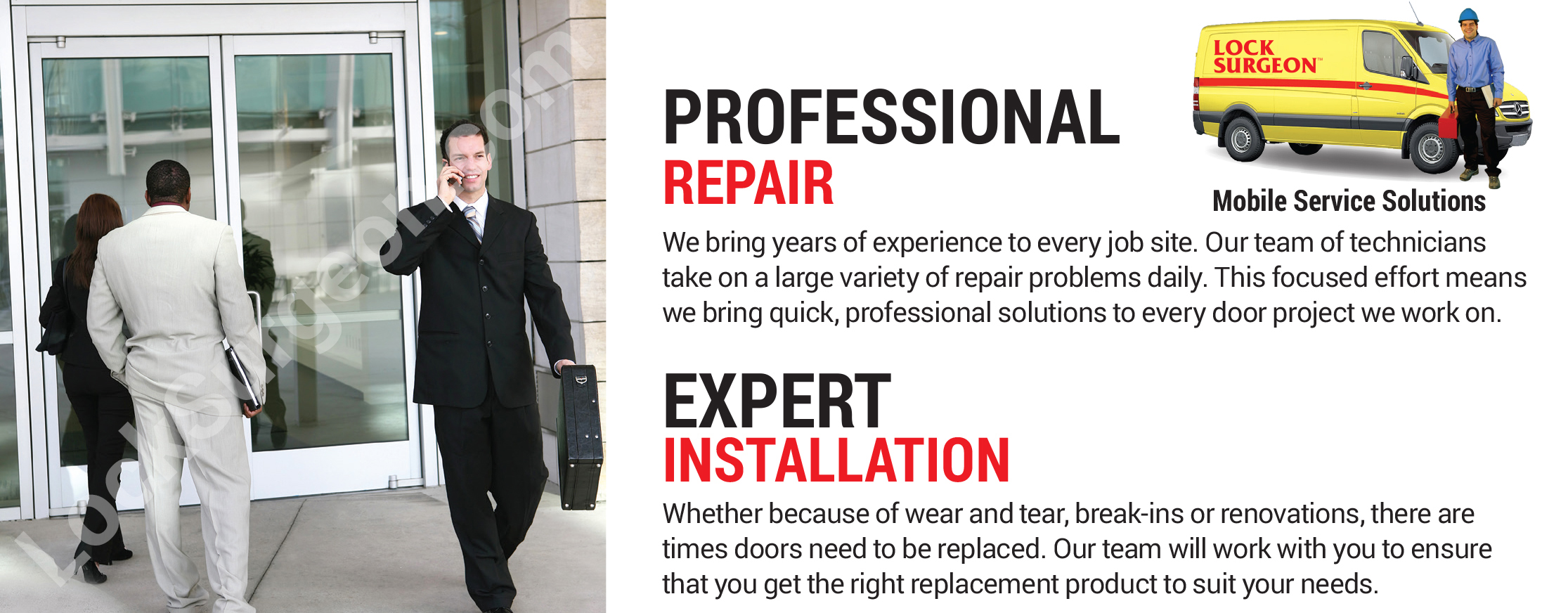 Lock Surgeon provides mobile door repair service Homes and businesses benefit from door solutions.