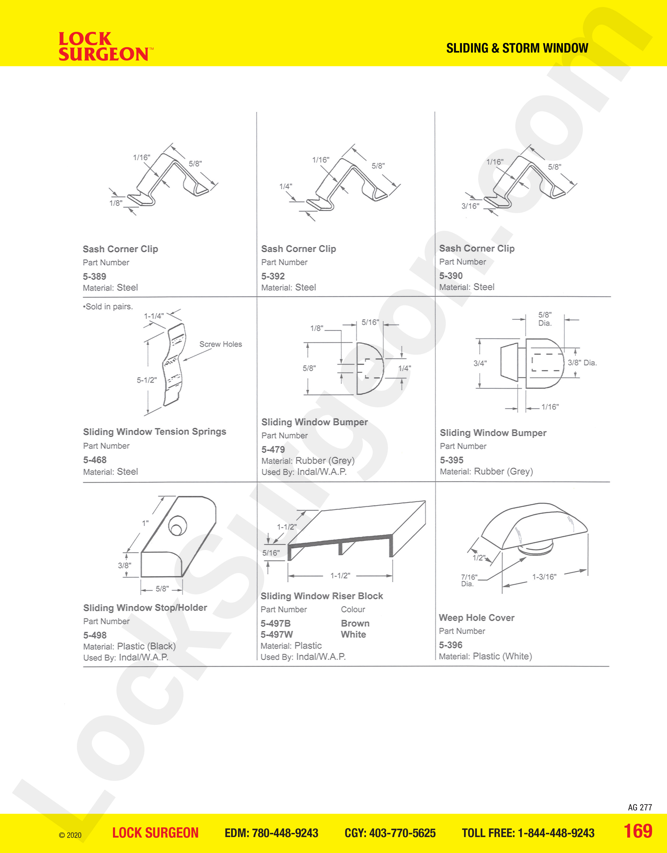 Sash corner clips 5/8 - steel, sliding window tension springs, Indal/W.A.P. sliding window bumper