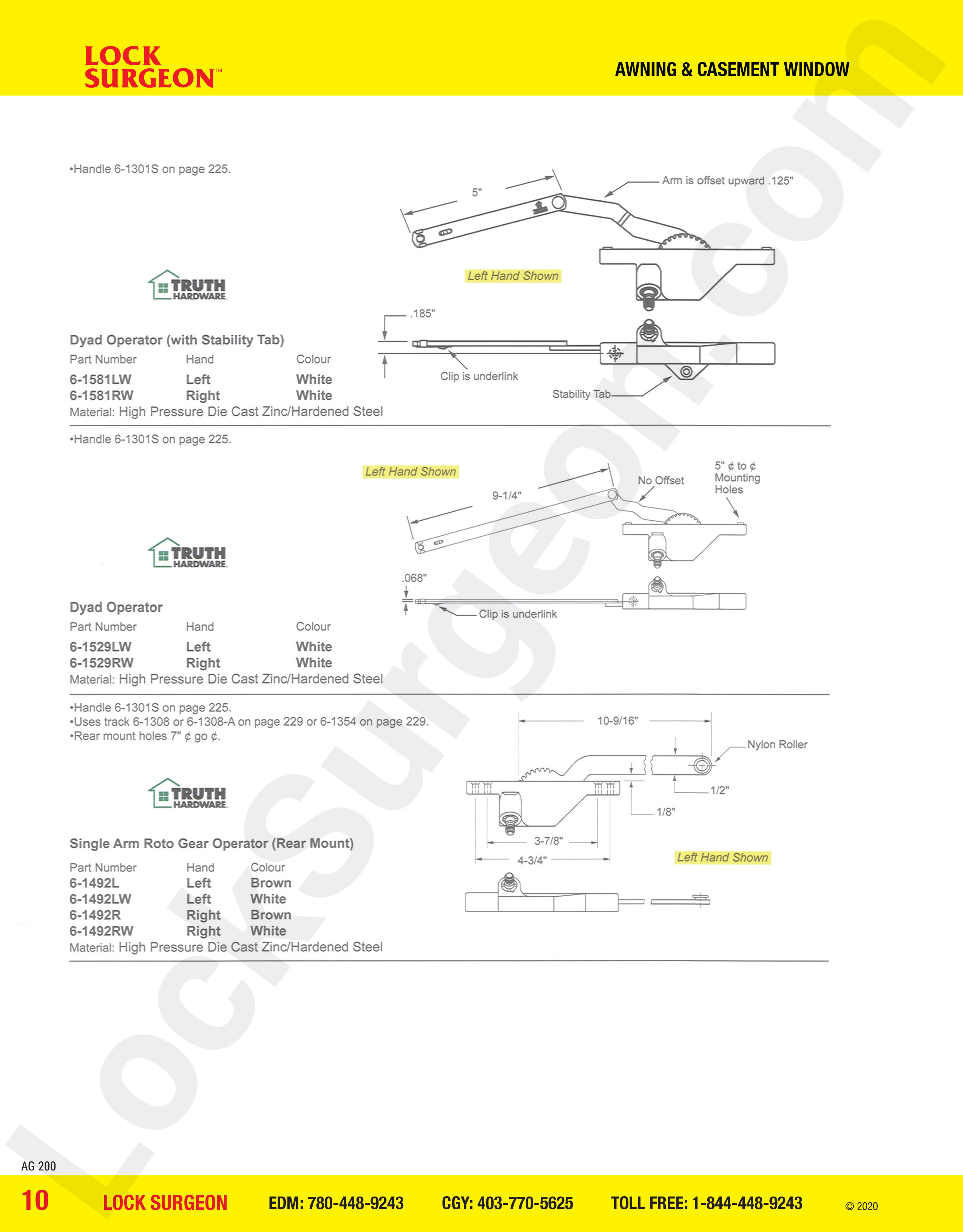 awning and casement window parts for Roto Gear dyad, single arm & rear mount operators