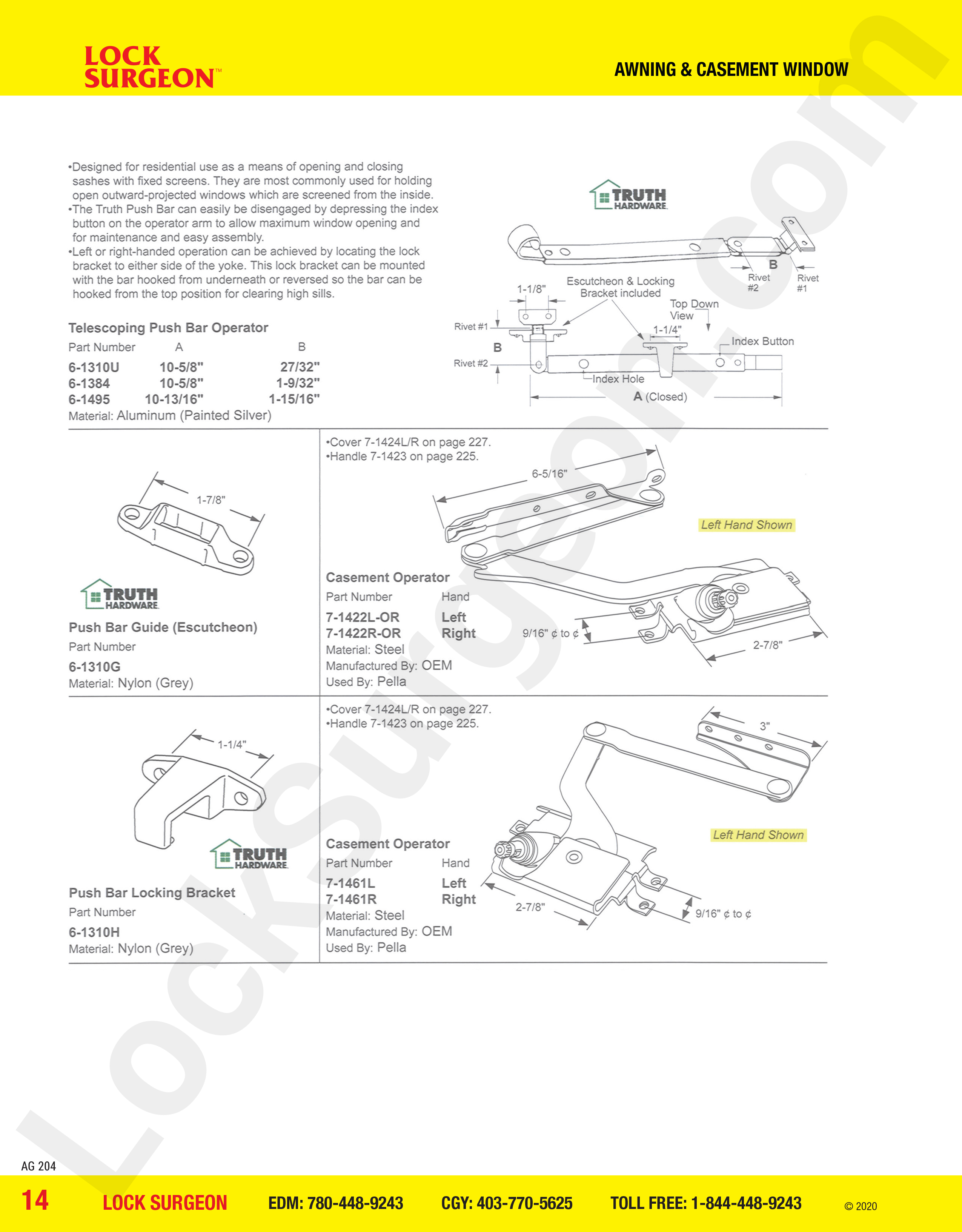 awning and casement window parts for telescping push bars operators & push bar guide escutcheon