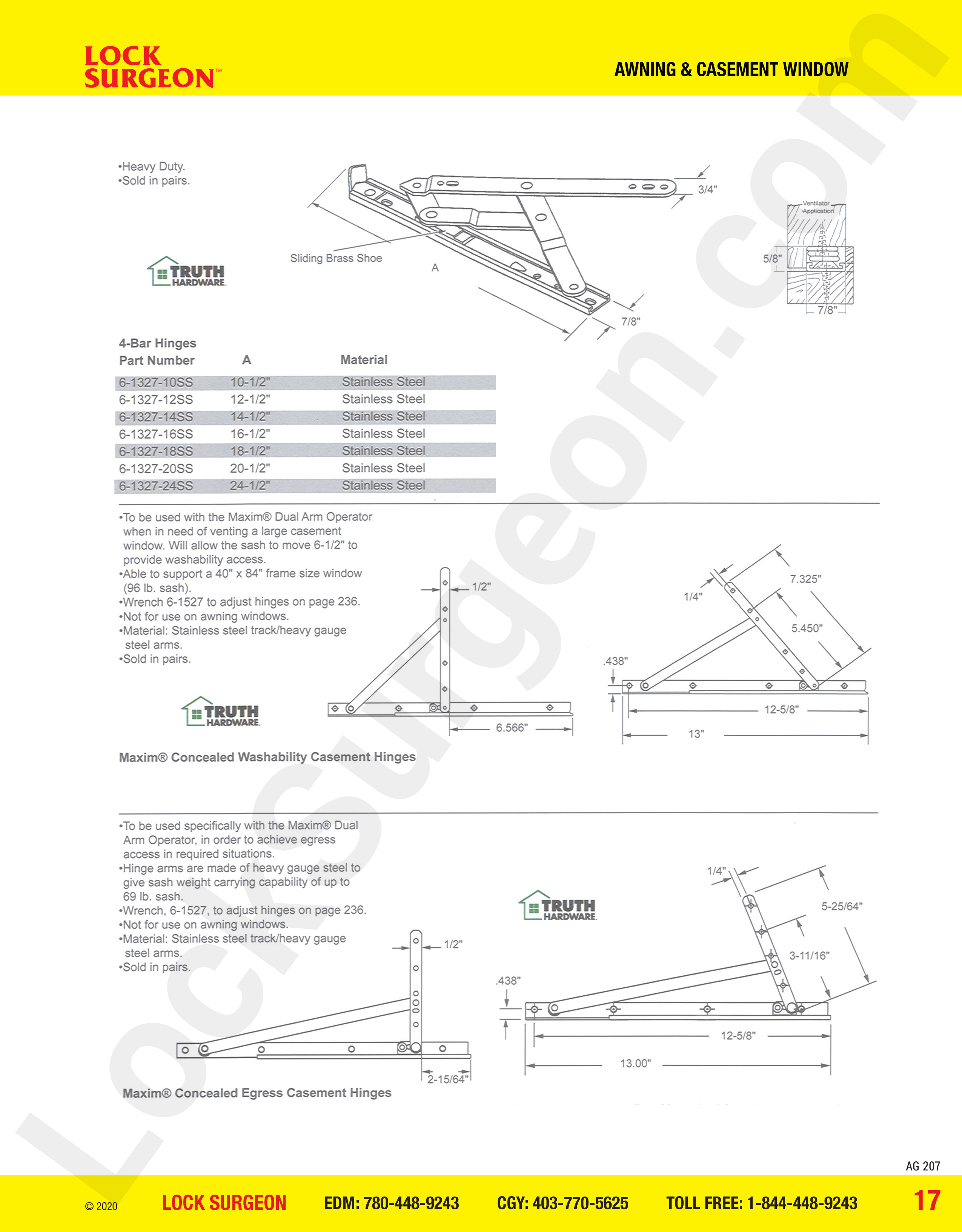 awning & casement window parts for maxim hinges, 4-bar hinges, concealed washability casement hinges