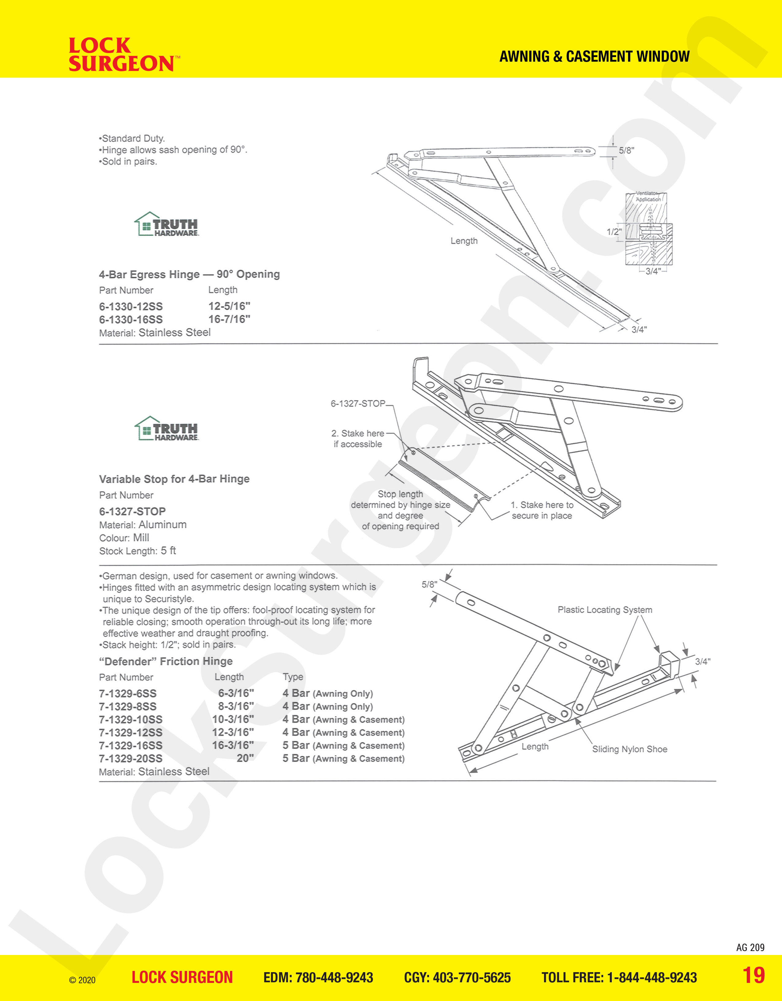 Casement window parts, 4-bar egress hinges, variable stop for 4-bar hinges, defender friction hinge.