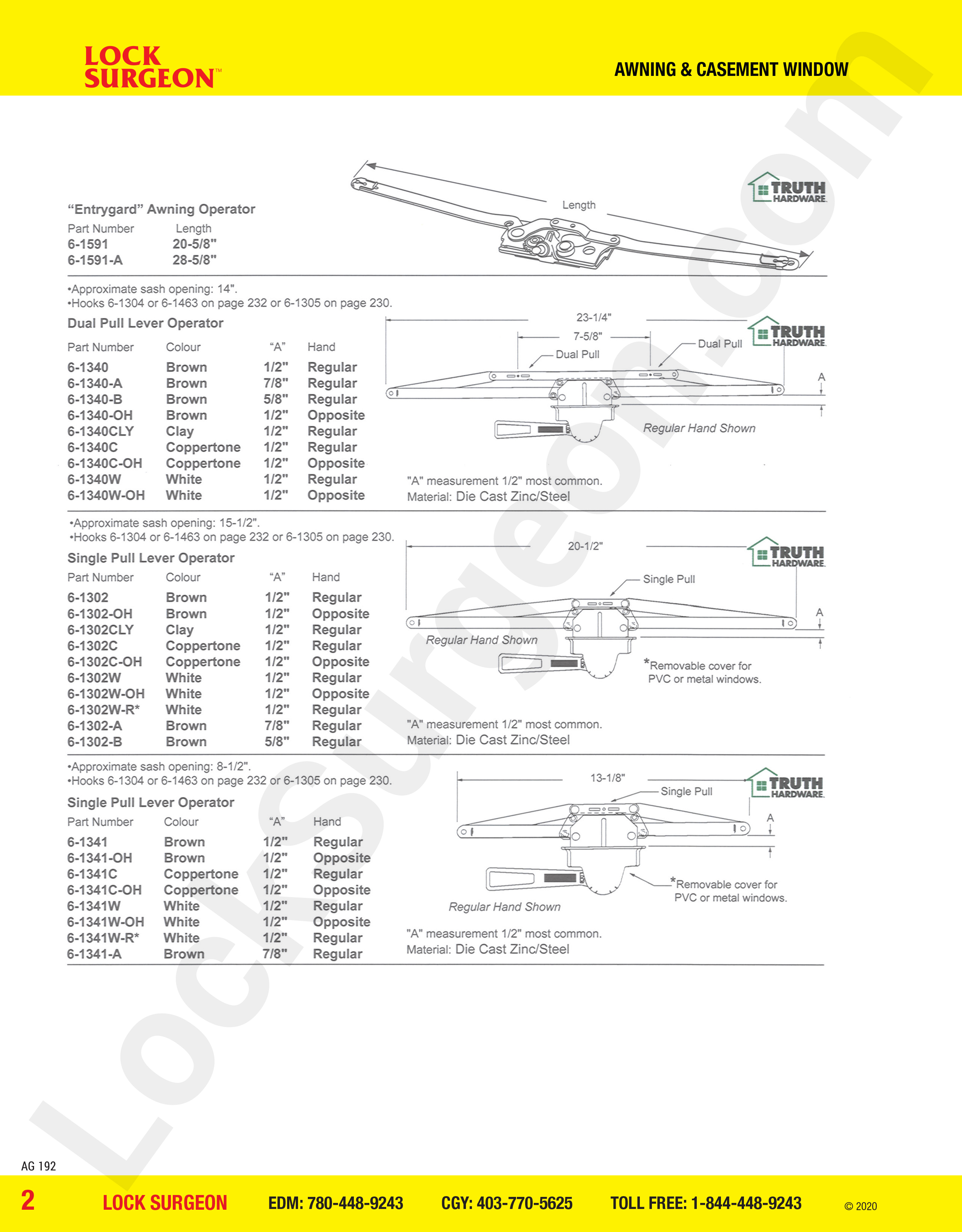 Entrygard operator dual pull levers single pull levers awning operators.