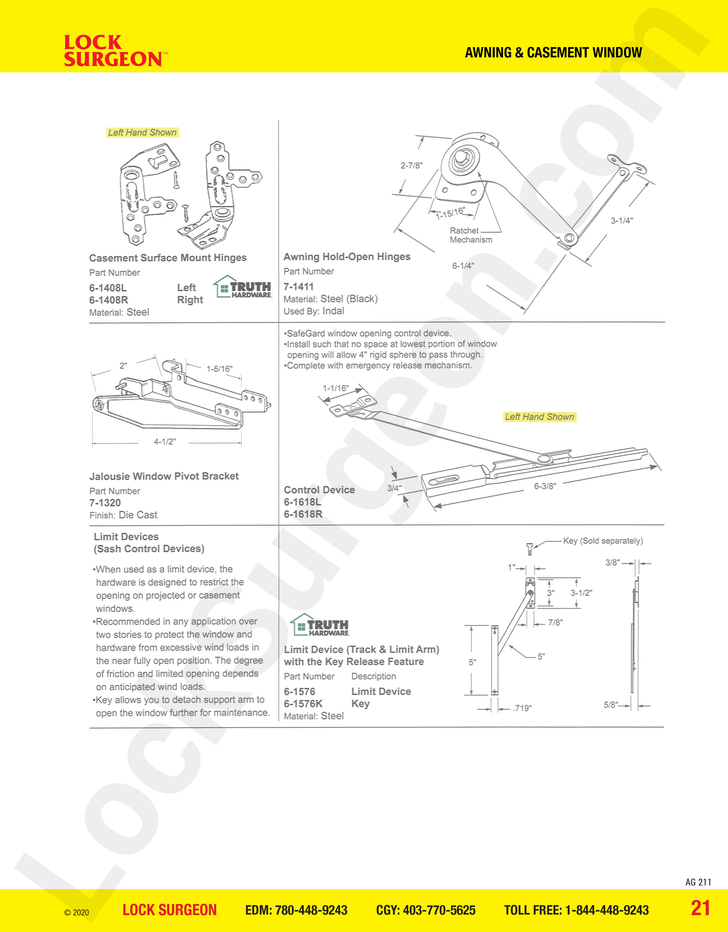 awning and casement window parts for Jalousie casement surface mount hinges, hold-open hinges.