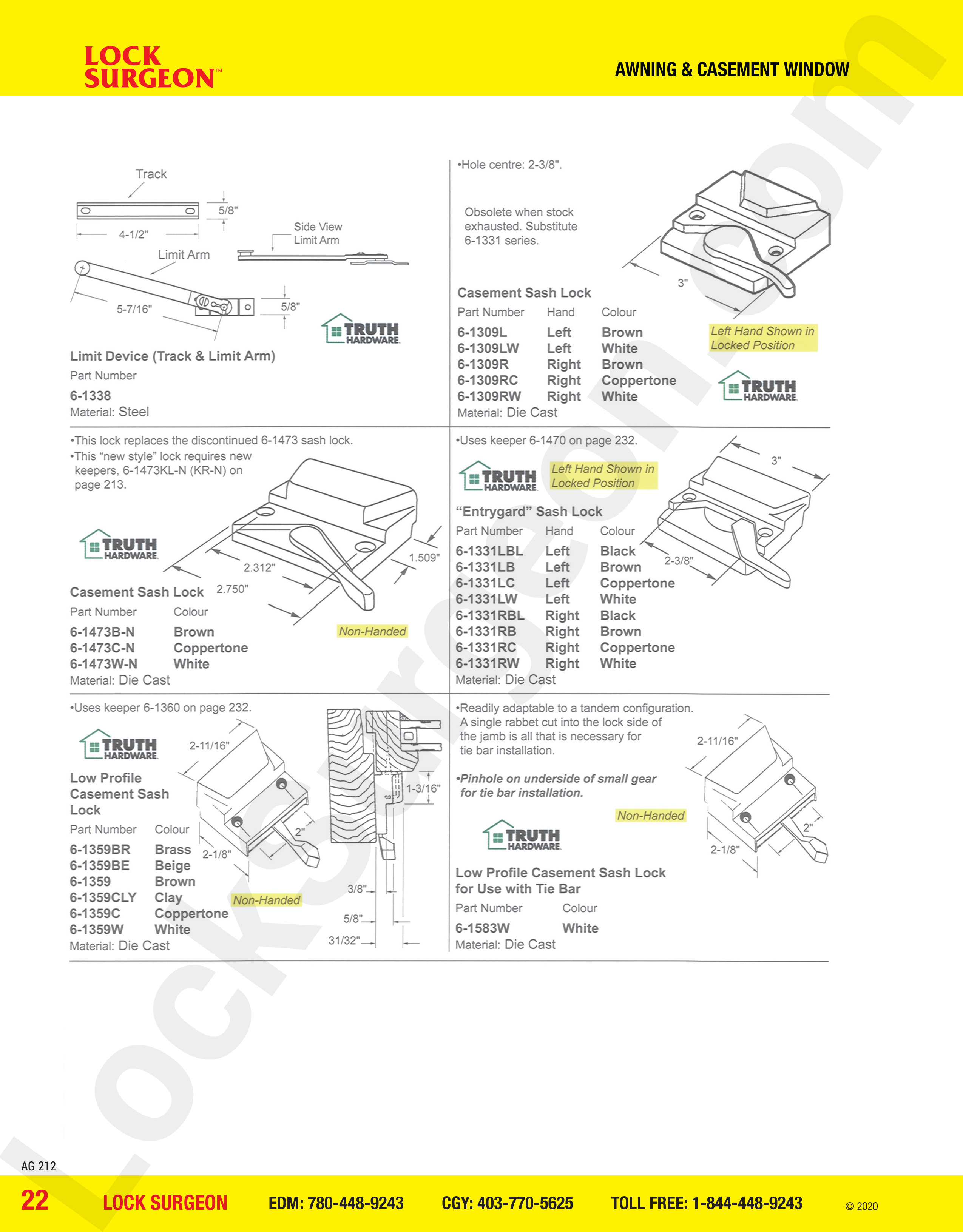 awning casement window parts sash locks, limit devices, casement sash lock, low profile sash lock.