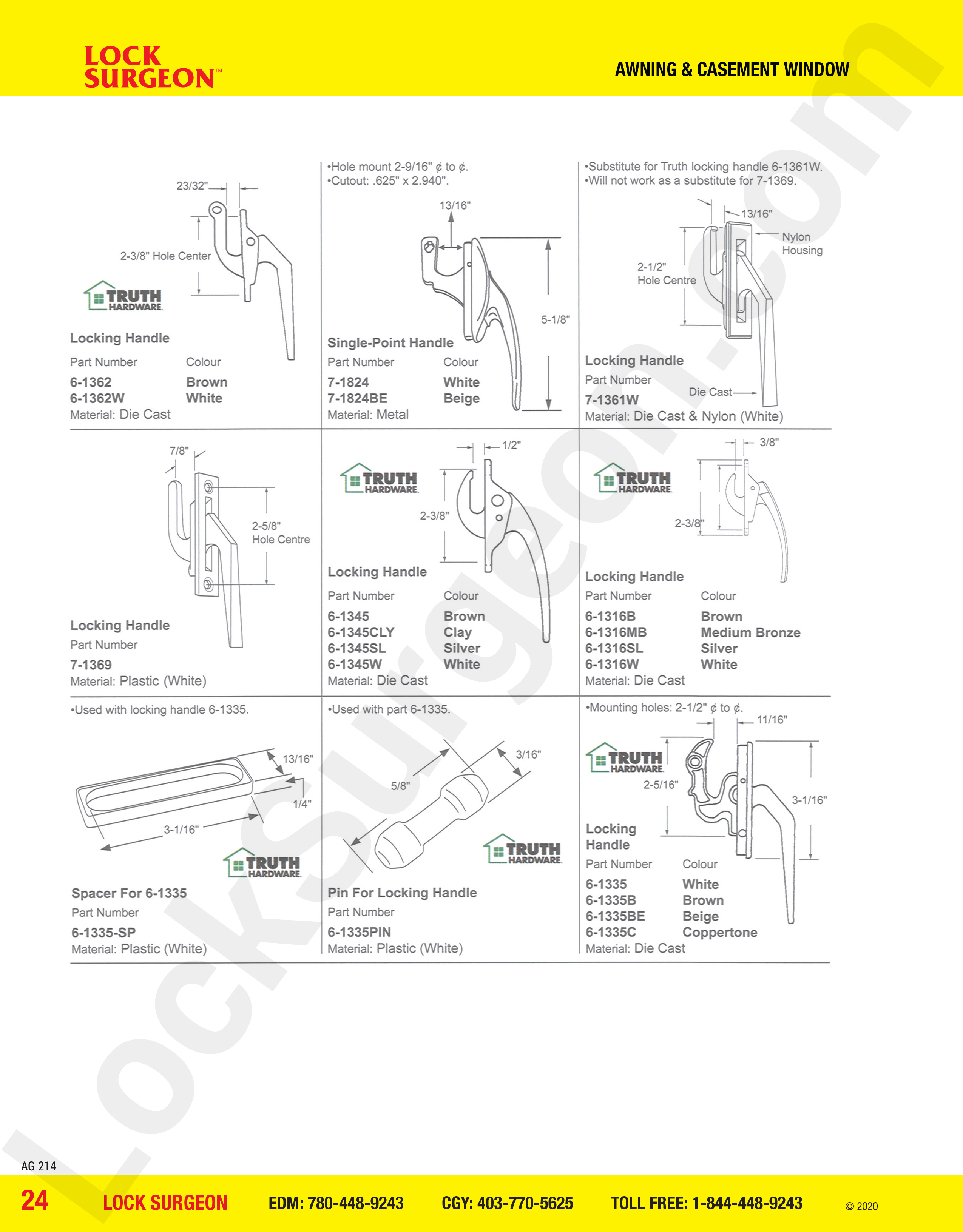 awning & casement window parts locking handles die cast, single-point, nylon, plastic spacers, pins.