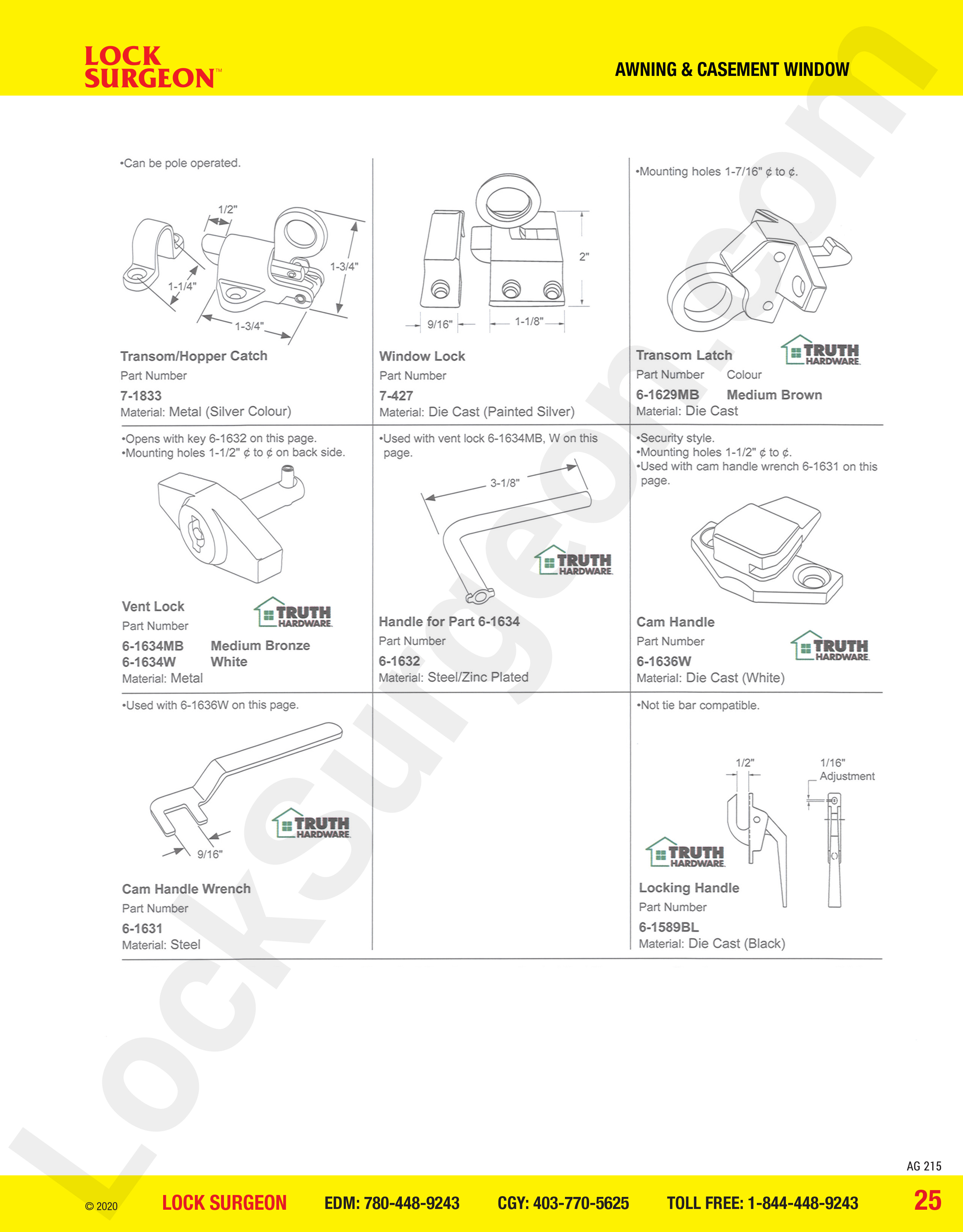 awning & casement window parts for catch, latch, lock handle, transom latch, vent lock, cam handles.