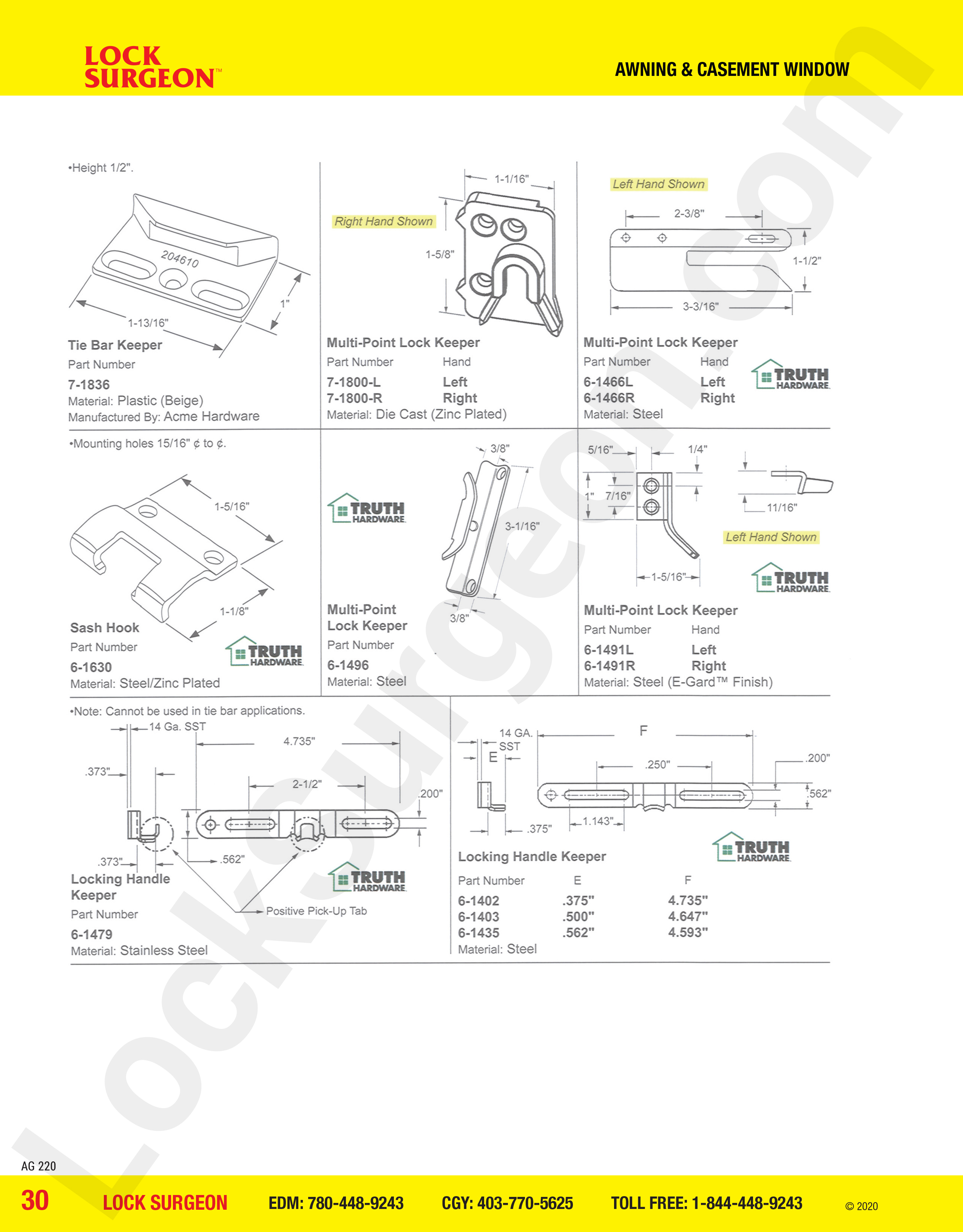 awning and casement window parts for keepers, tie-bar keepers, multi-point die cast lock keeper