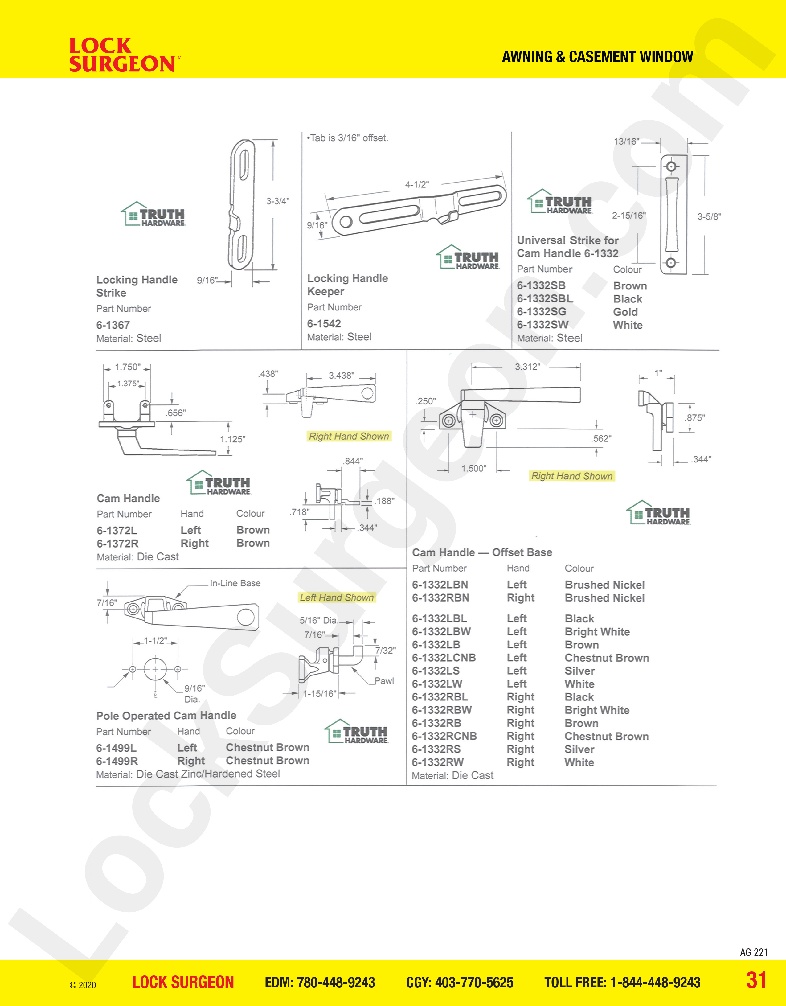 awning and casement window parts for cam handles, locking handle strike, cam handles, offset base