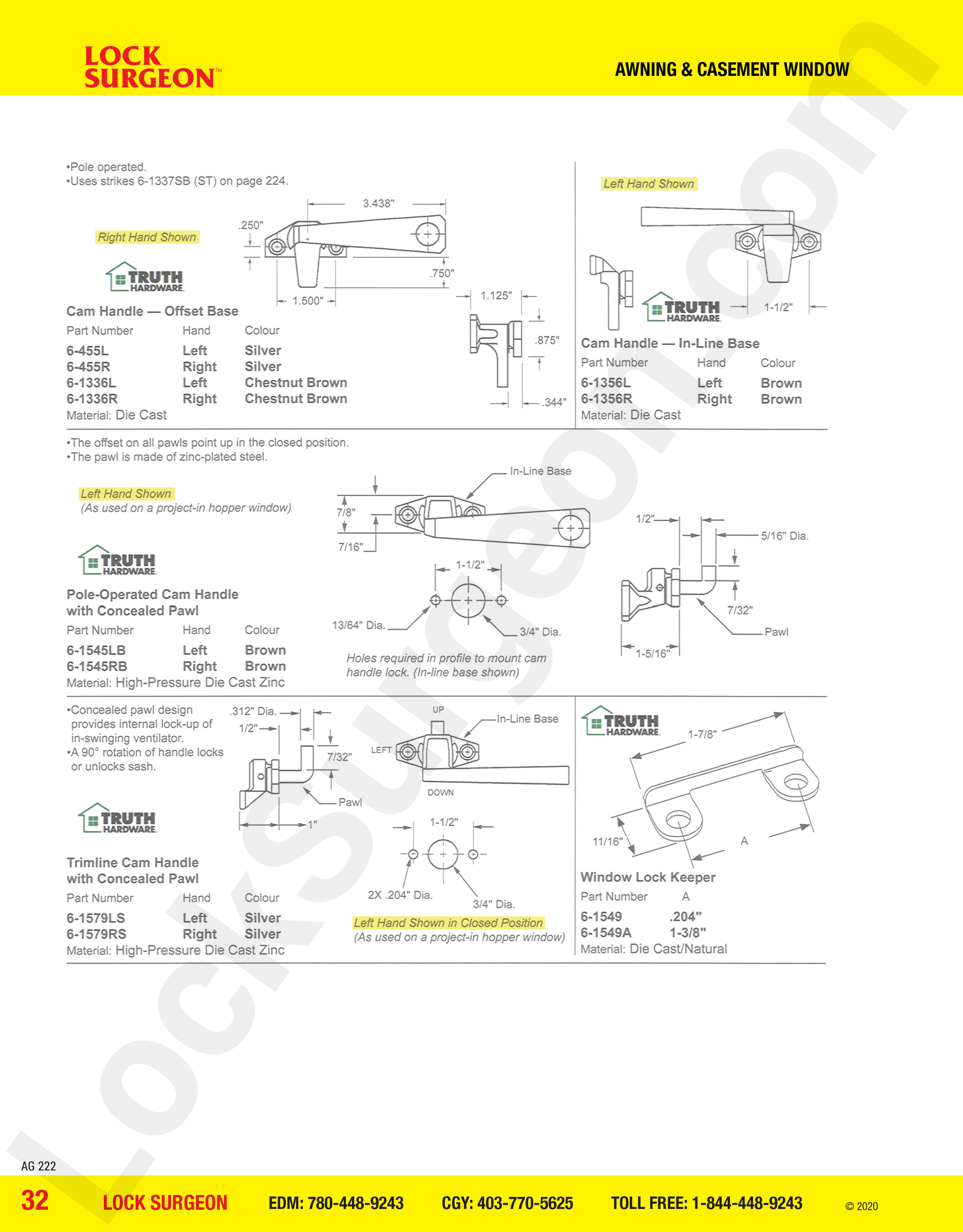 Casement window parts for cam handles, off-set base, in-line base, pole operated with concealed pawl