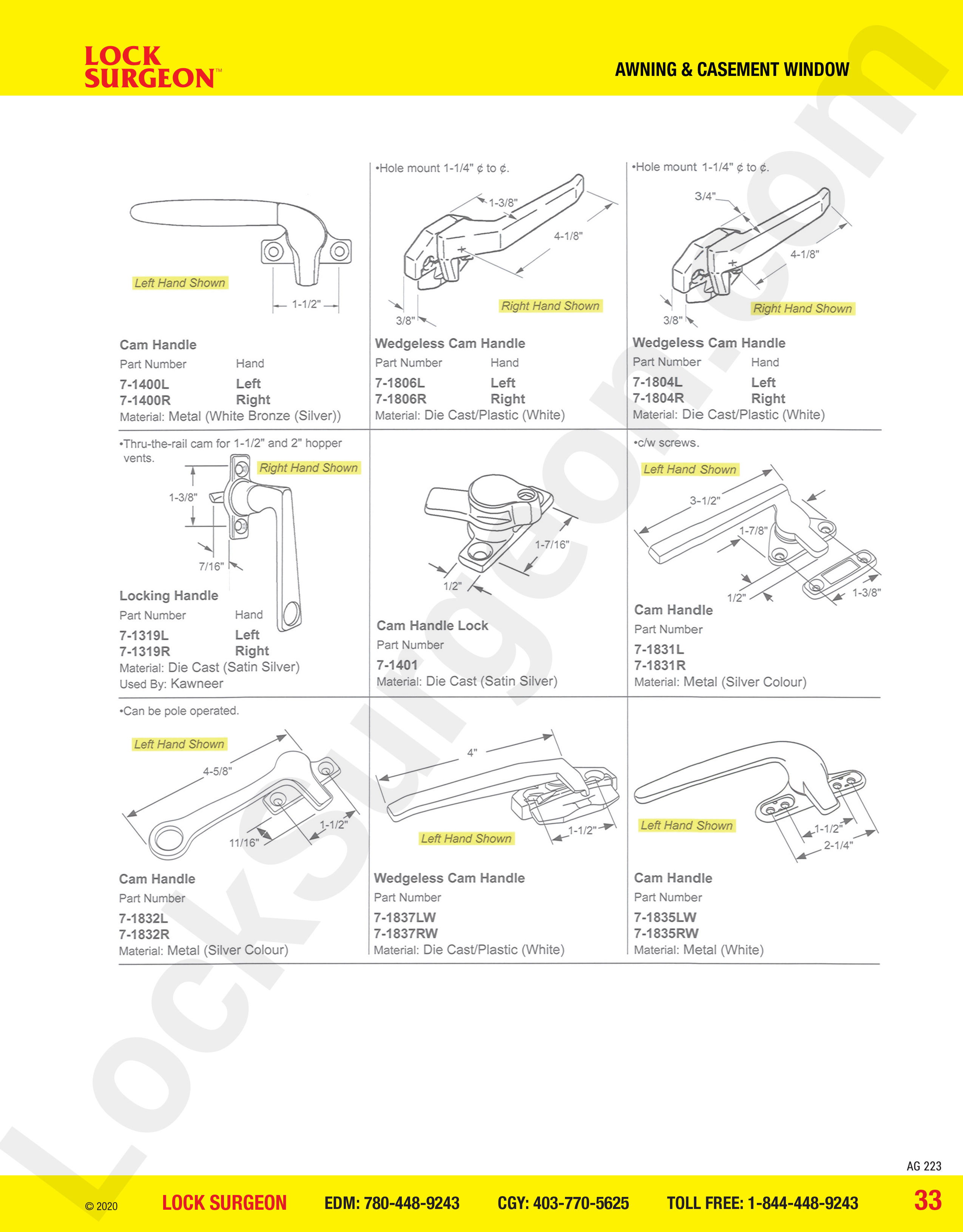 Casement window parts for cam handles & locks, wedgeless cam handles, locking handles.