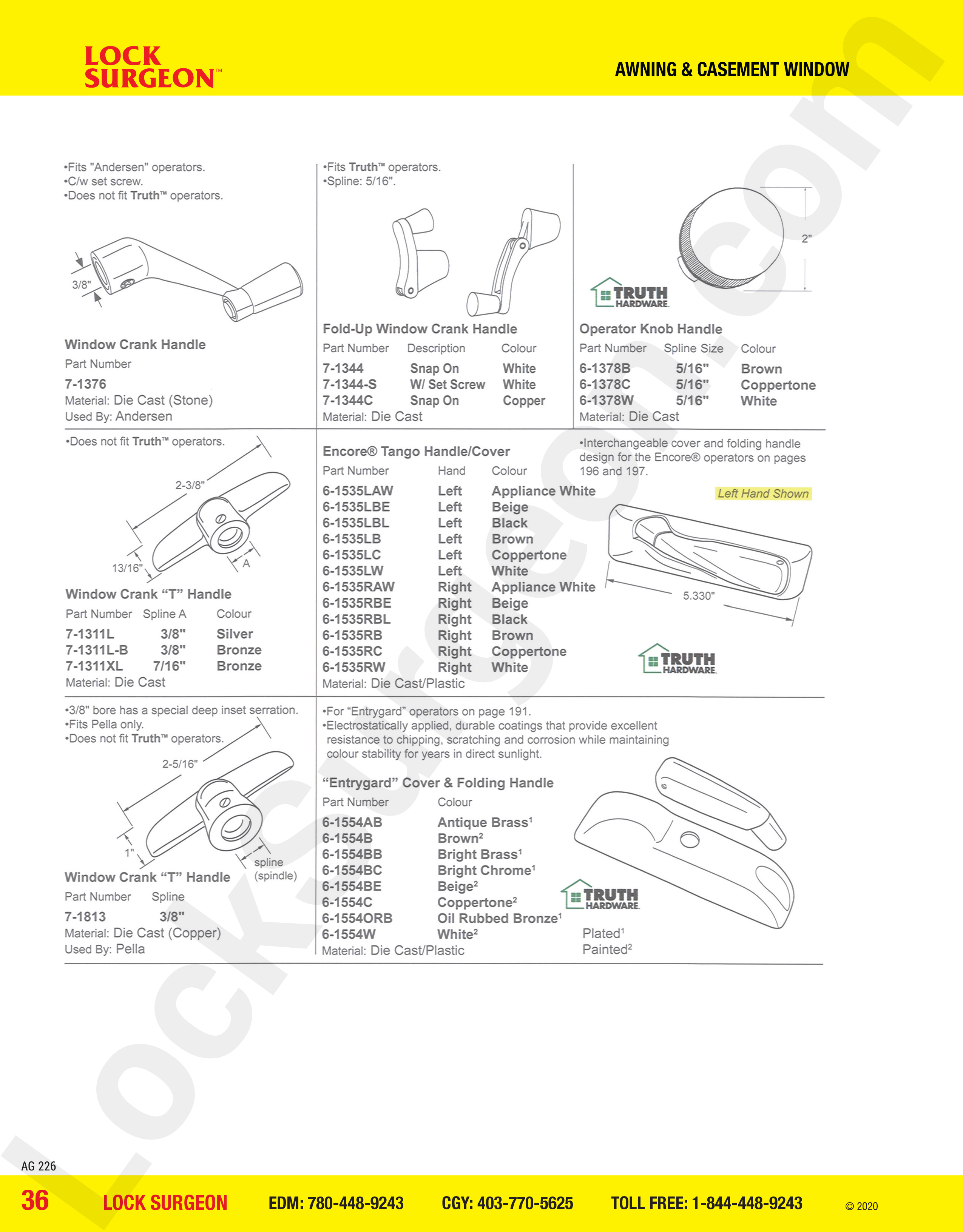 Edmonton South awning & casement window parts for Anderson, Truth Hardware, Encore & Pella crank handles.