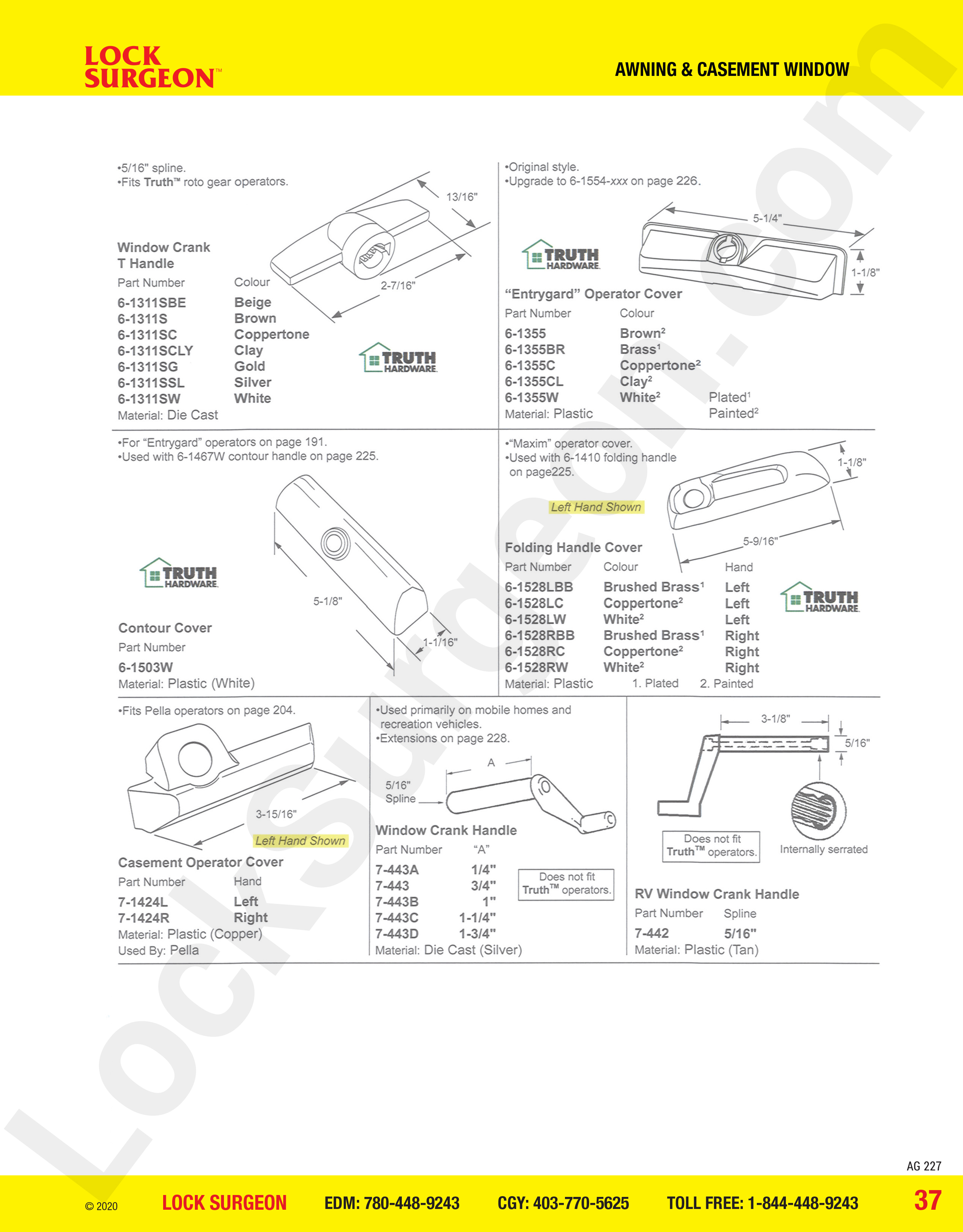 Casement window parts for covers & handles, contour covers, T-handles, crank for mobile homes & RVs.