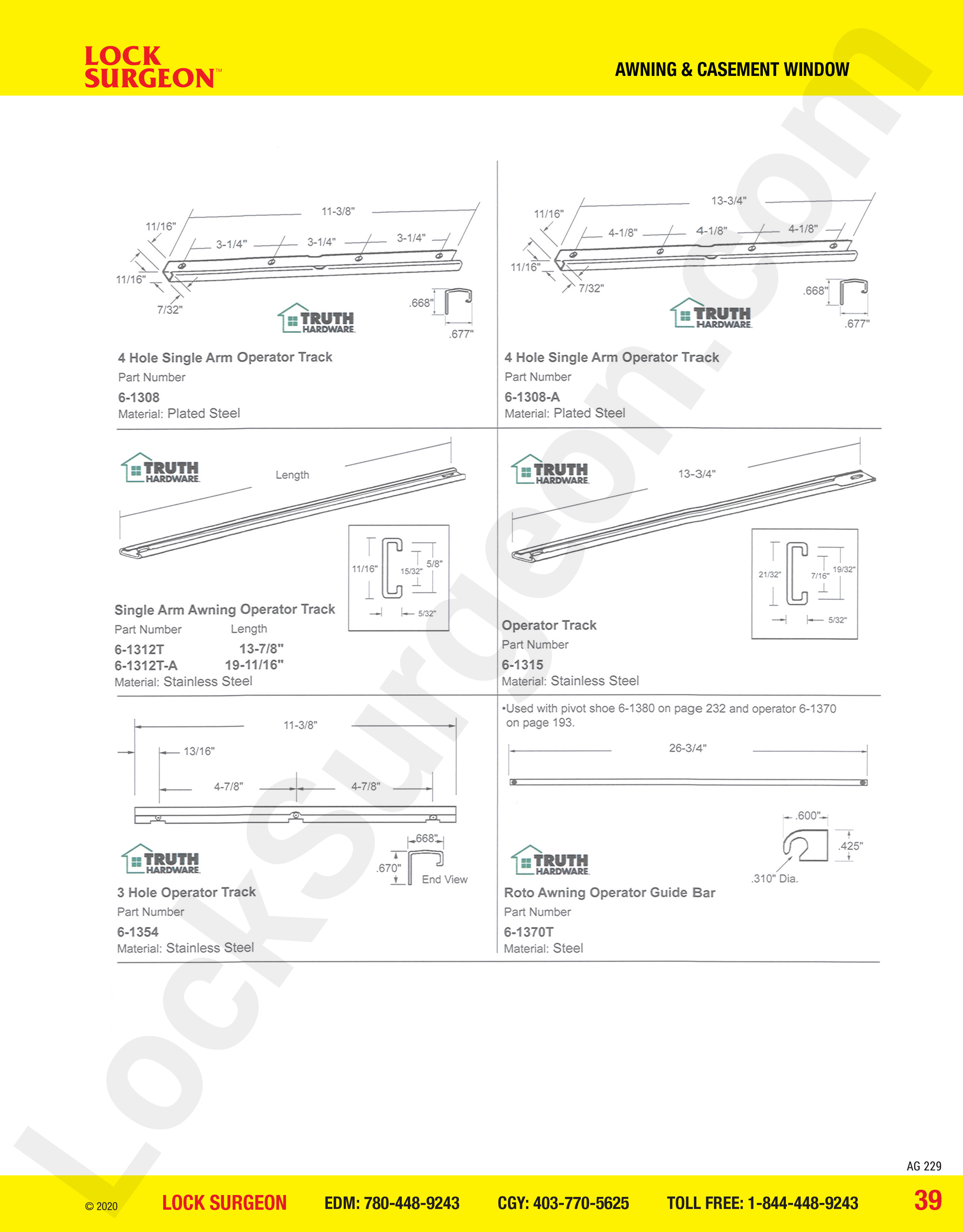 awning and casement window parts for operator track, 3-hole operator tracks, operator guide bar.