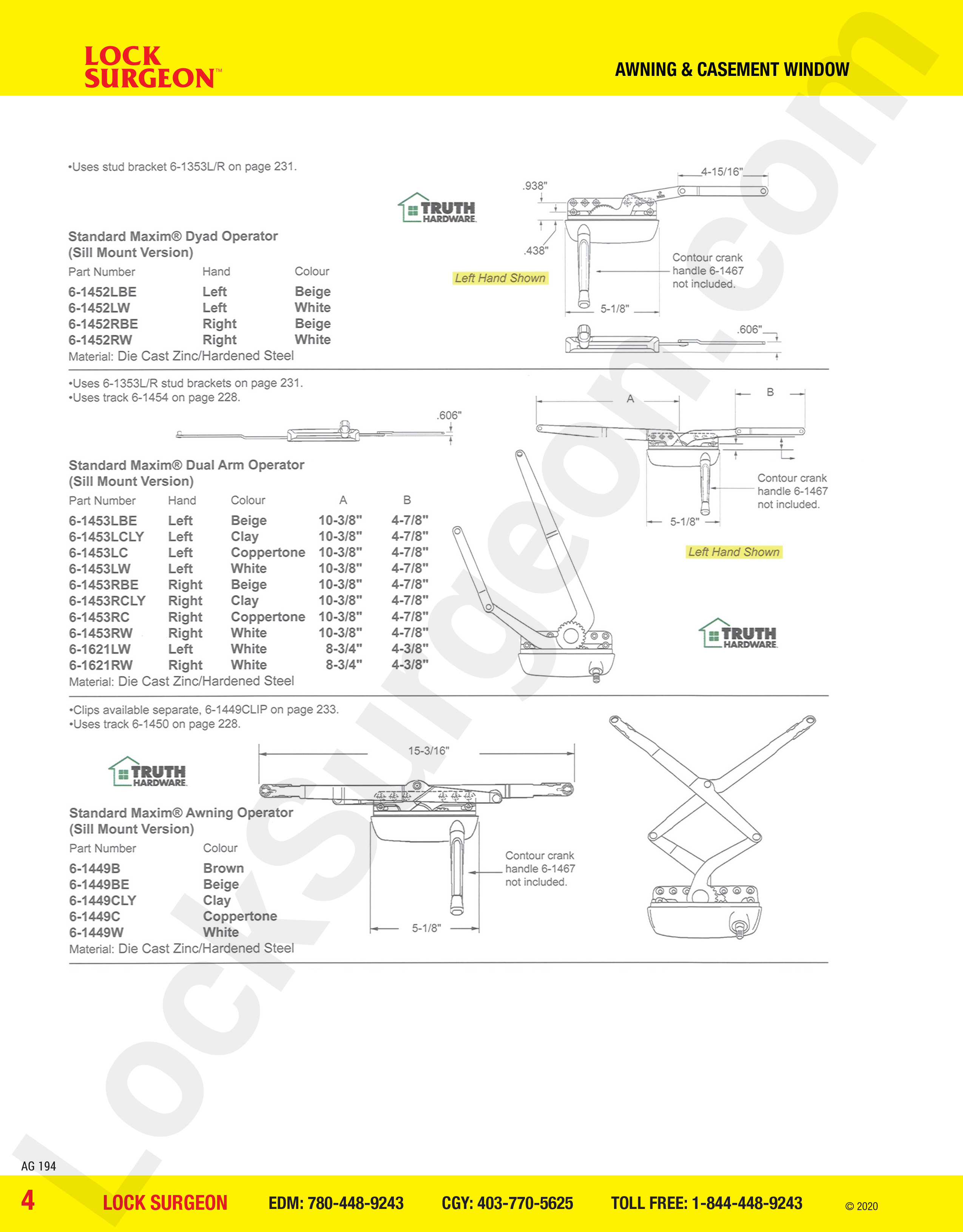 Maxim operator awning and casement window parts for standard dyad operator and dual arm operators