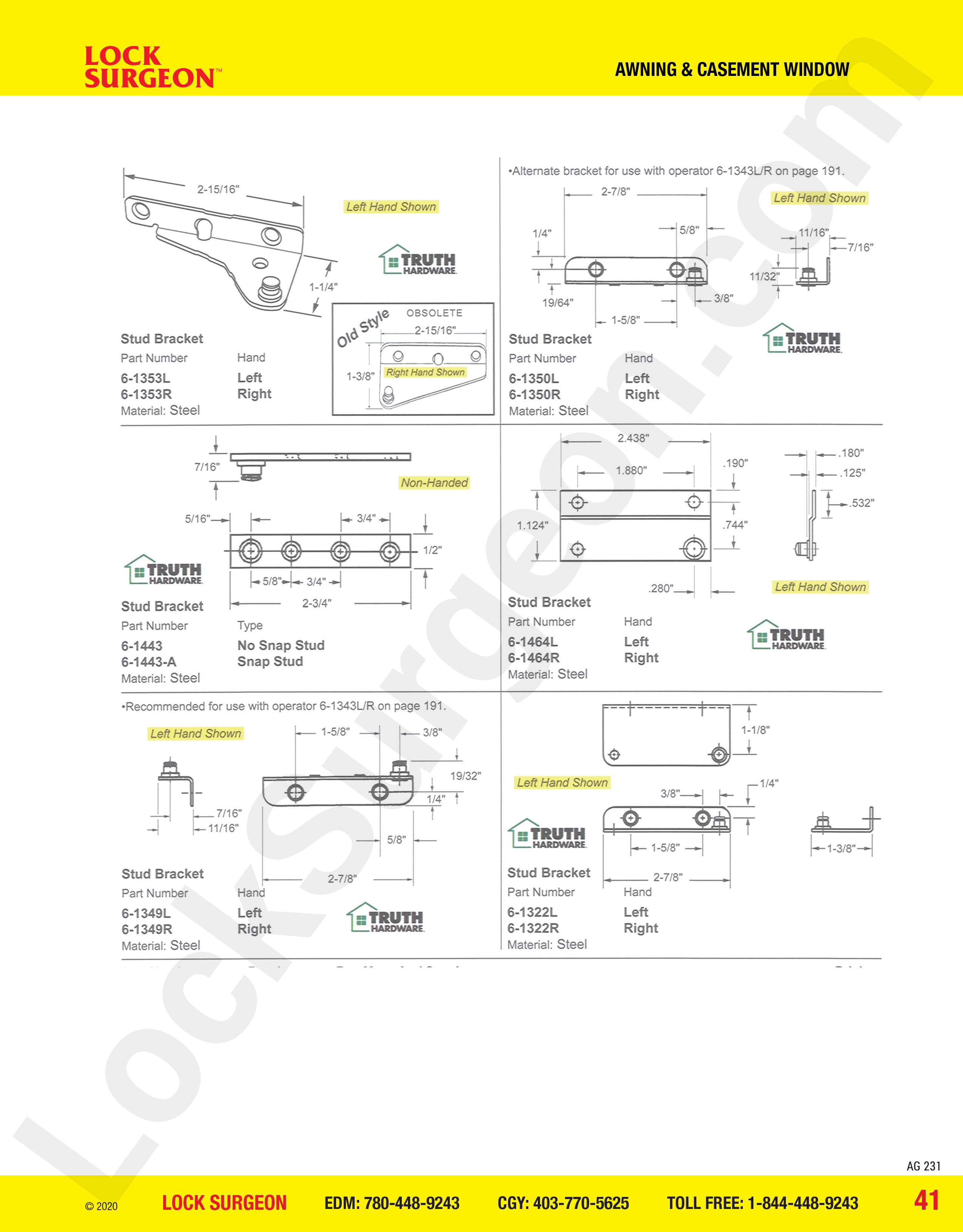 awning and casement window parts Truth Hardware stud brackets, snap studs, no-snap studs.