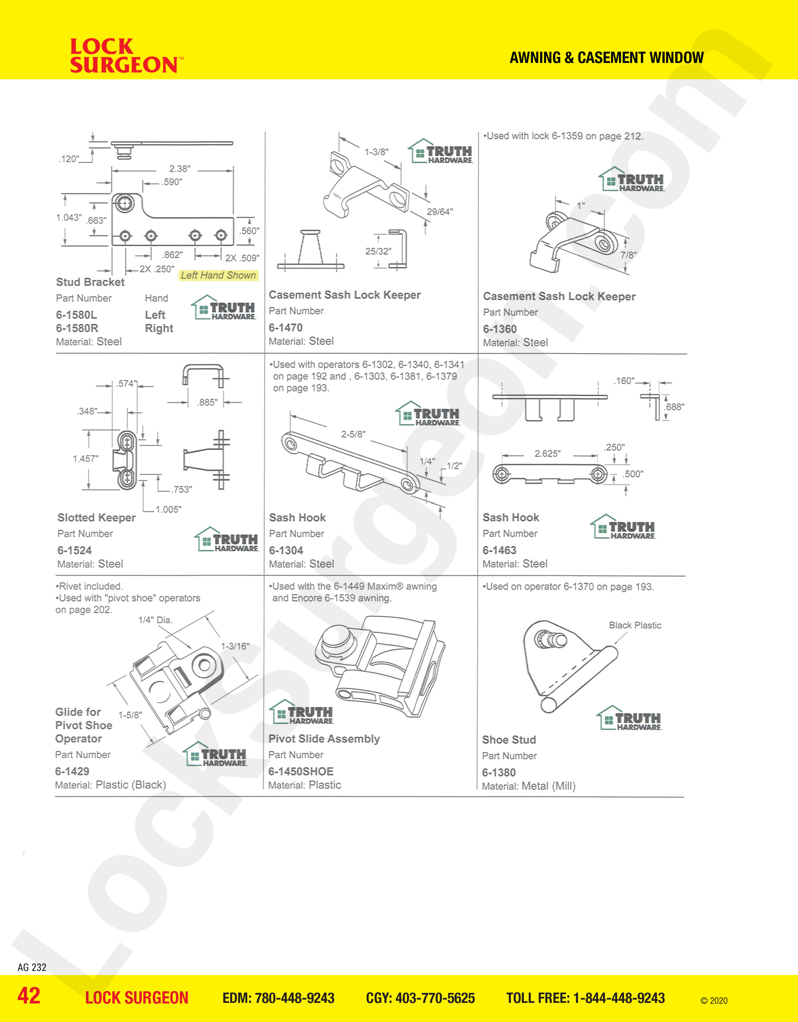 Casement window parts for Truth Hardware keepers, casement sash lock keeper, slotted keeper.
