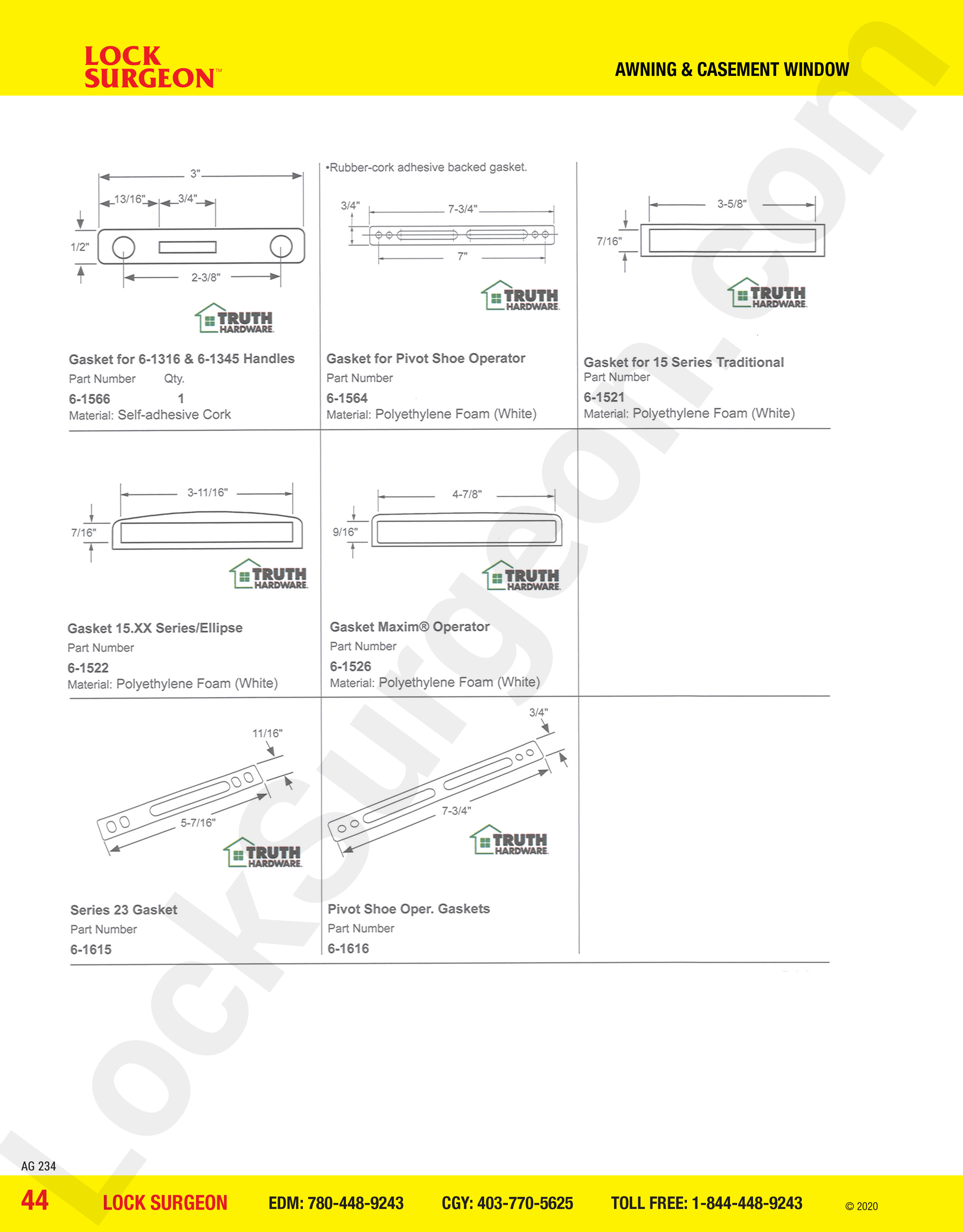 awning and casement window parts for pivot operator gaskets, pivot shoe operator gaskets, Maxim.