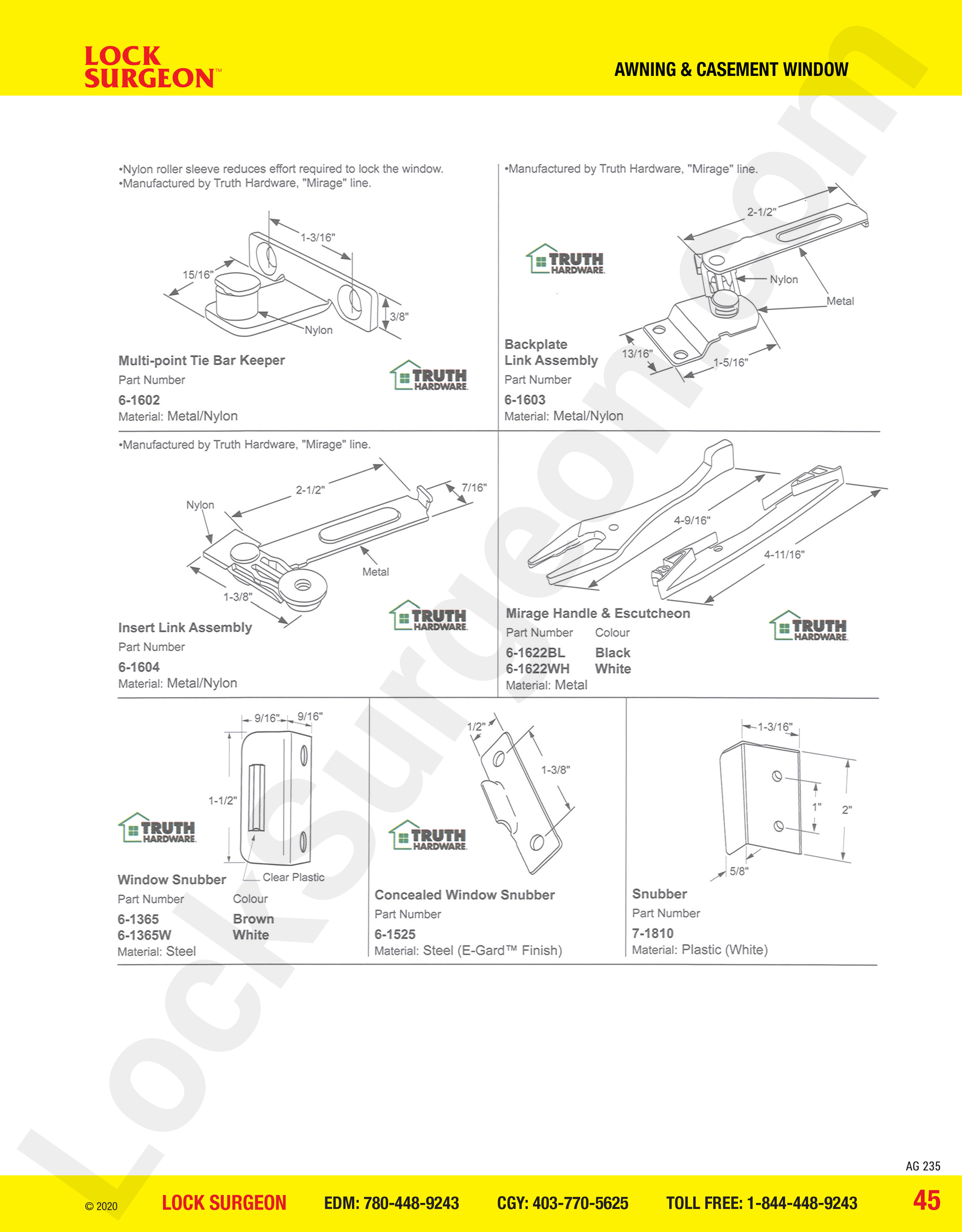 Casement window snubber parts, multi-point tie bar keepers, backplate link assemblies, insert links.