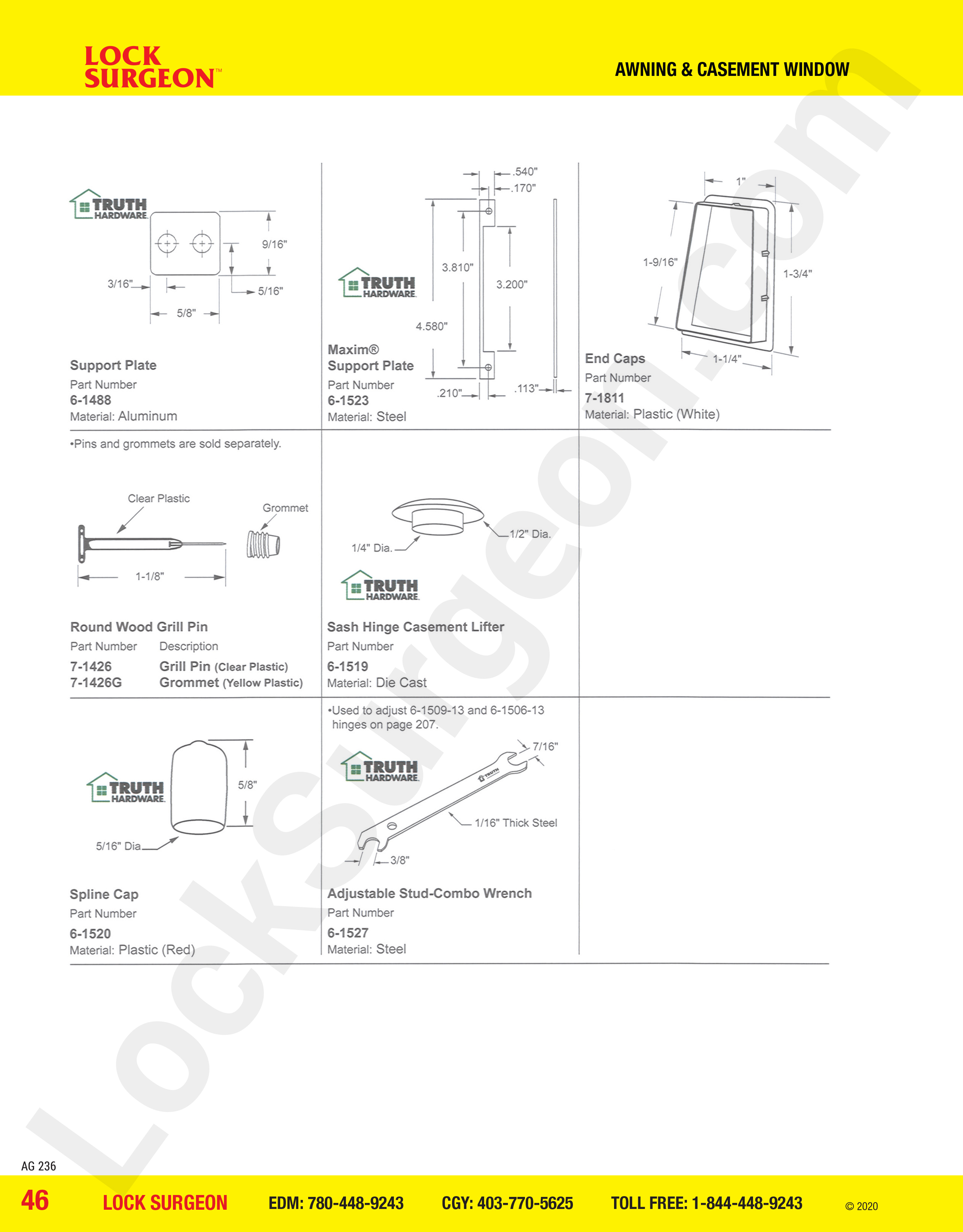 Casement window plates & caps, support plates, end caps, round wood grill pins, spline caps parts.