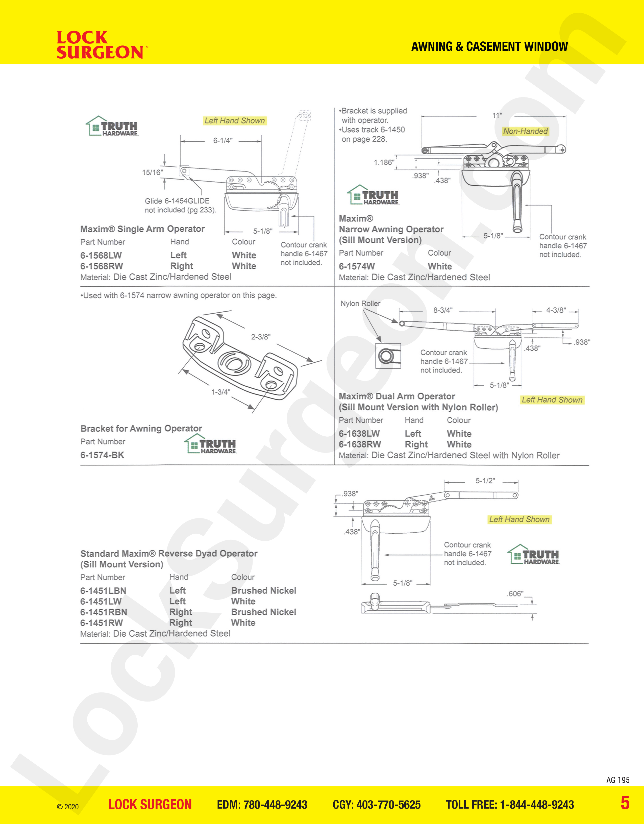 awning & casement window parts, maxim operators single arm, narrow sill mount, brackets, dual arm.