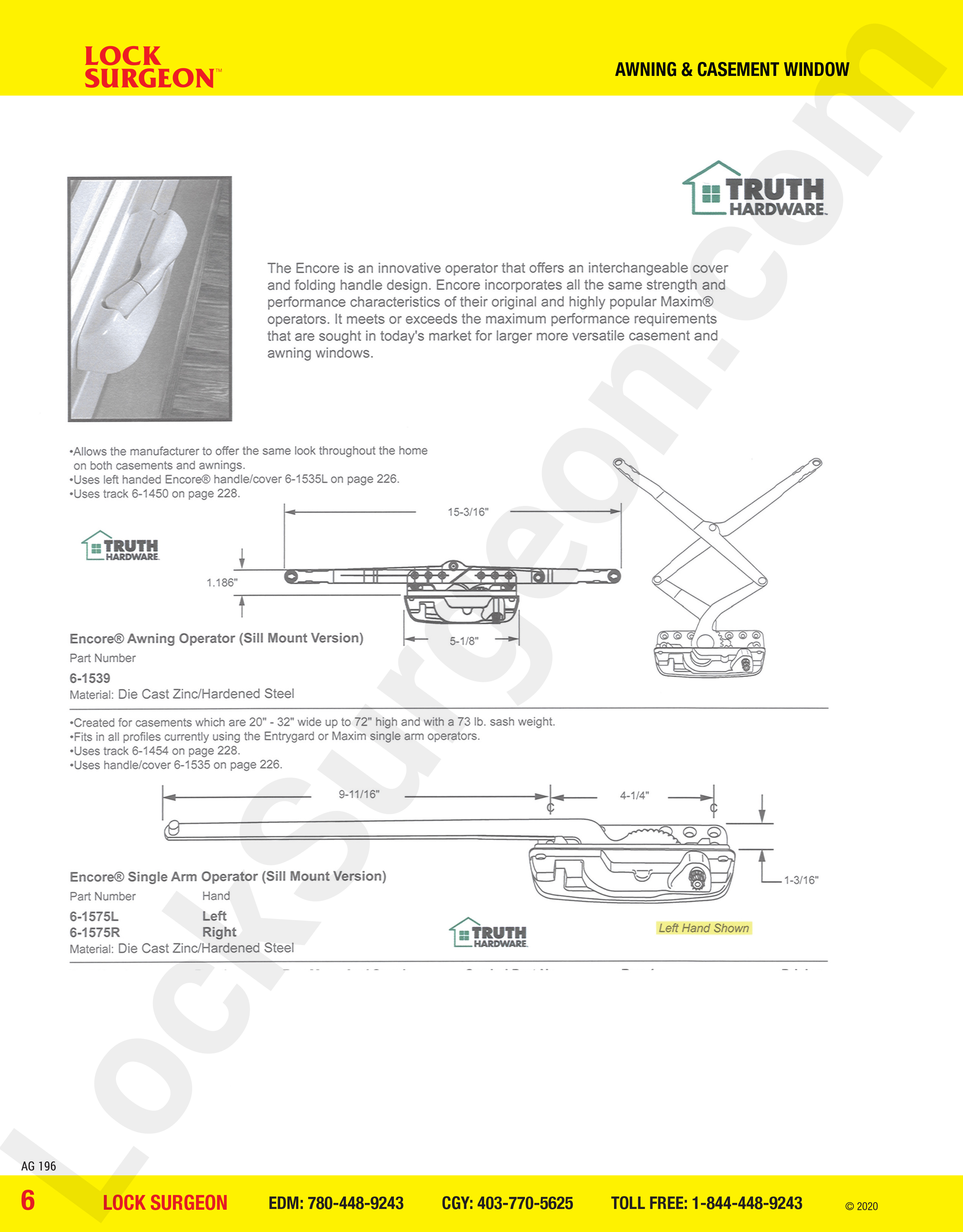 awning and casement window parts for encore operators, sill mount & single arm.