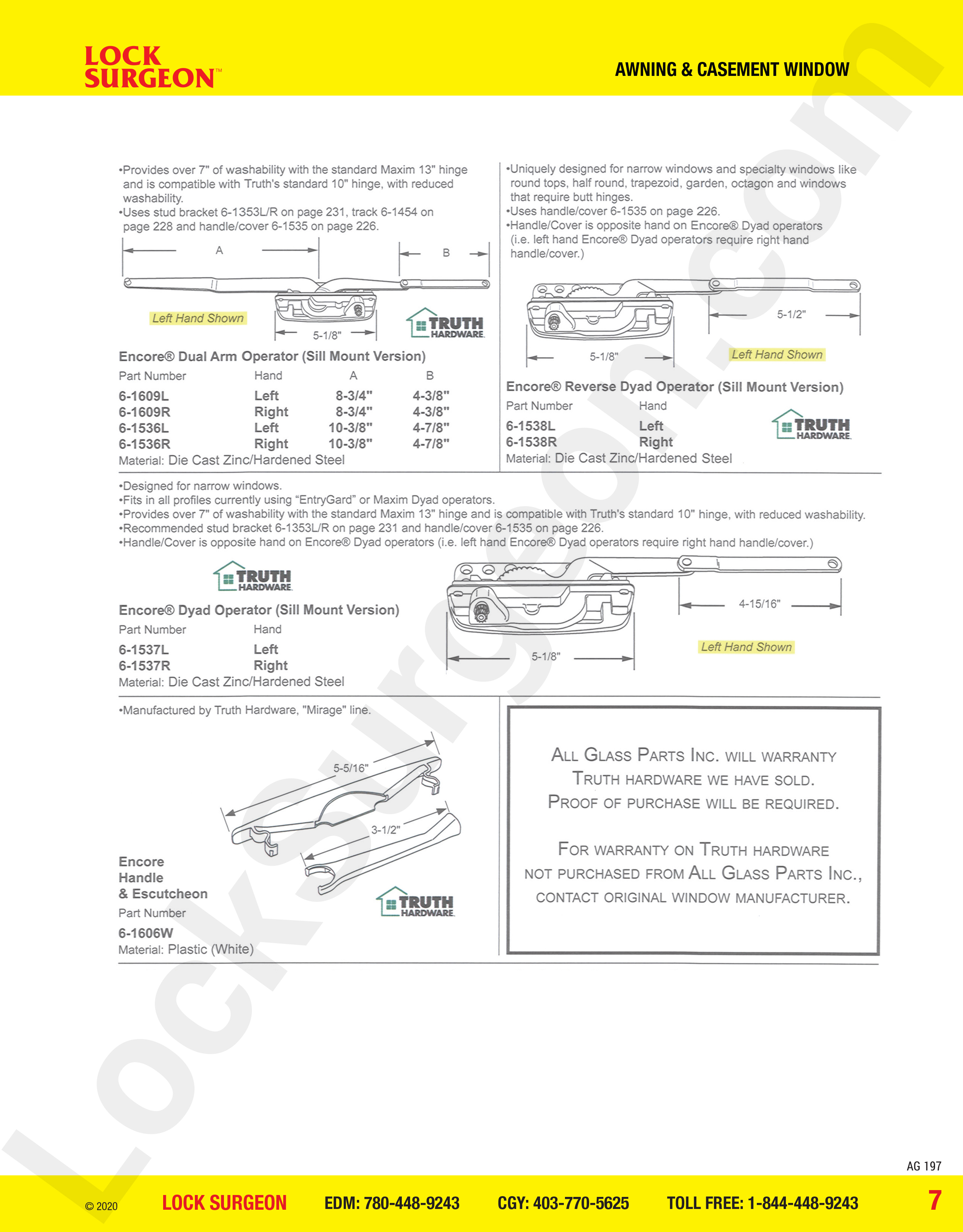 awning and casement window parts for encore operators, reverse dyad, sill mount handles & escutcheon