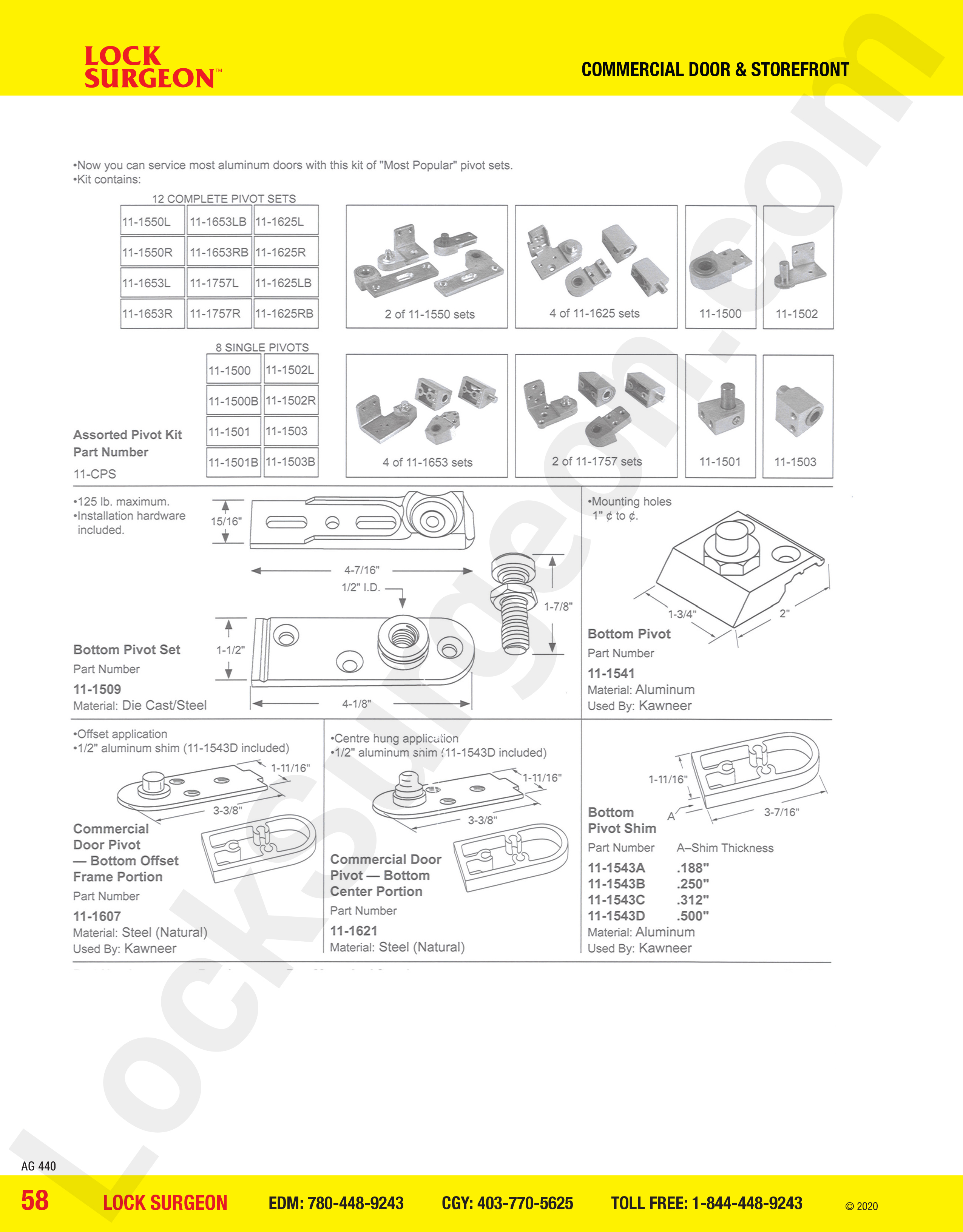 Commercial Door and Storefront parts for assorted Kawneer pivot kits
