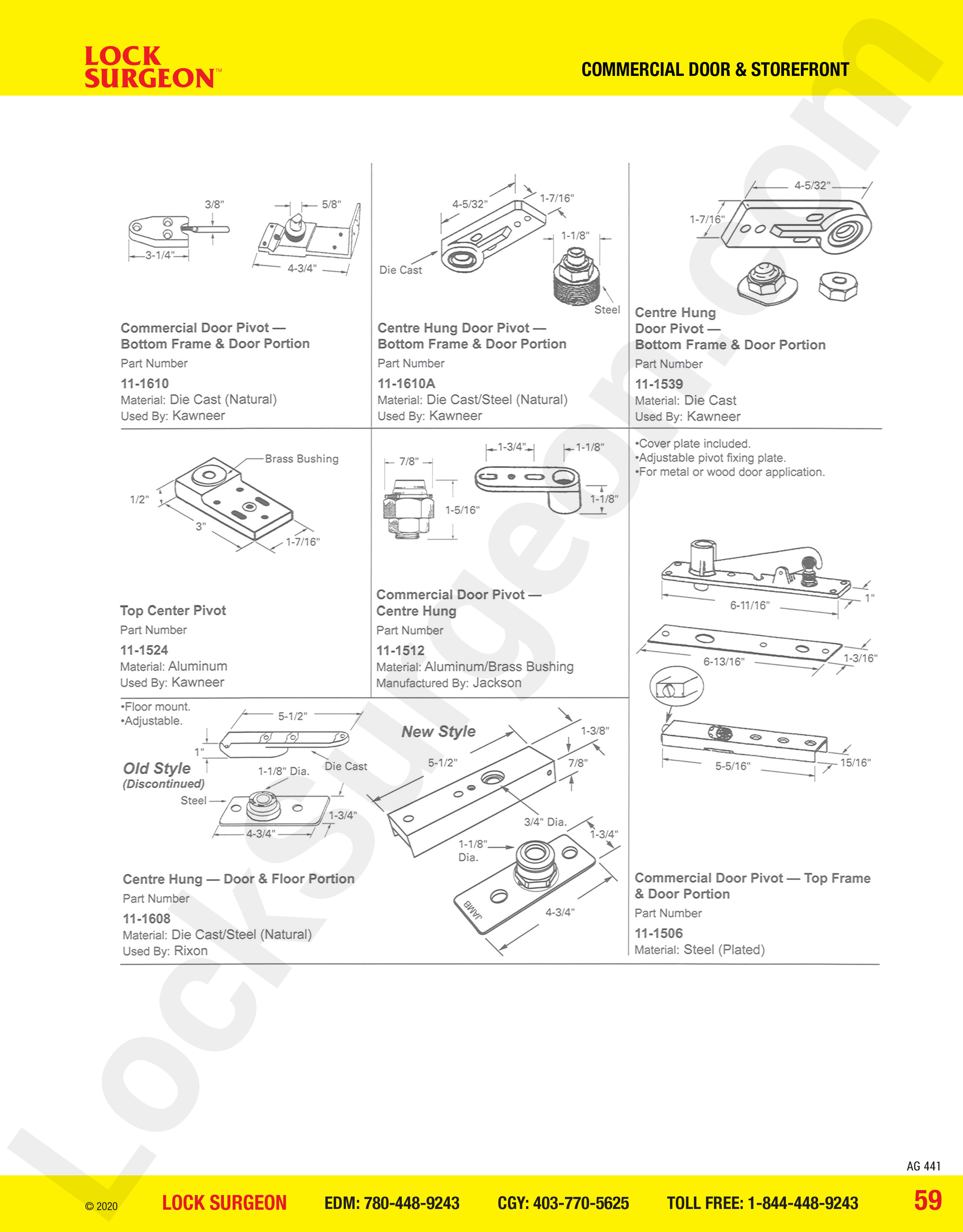 Commercial Door and Storefront parts for commercial door pivot center hung, Rixon, floor portions.