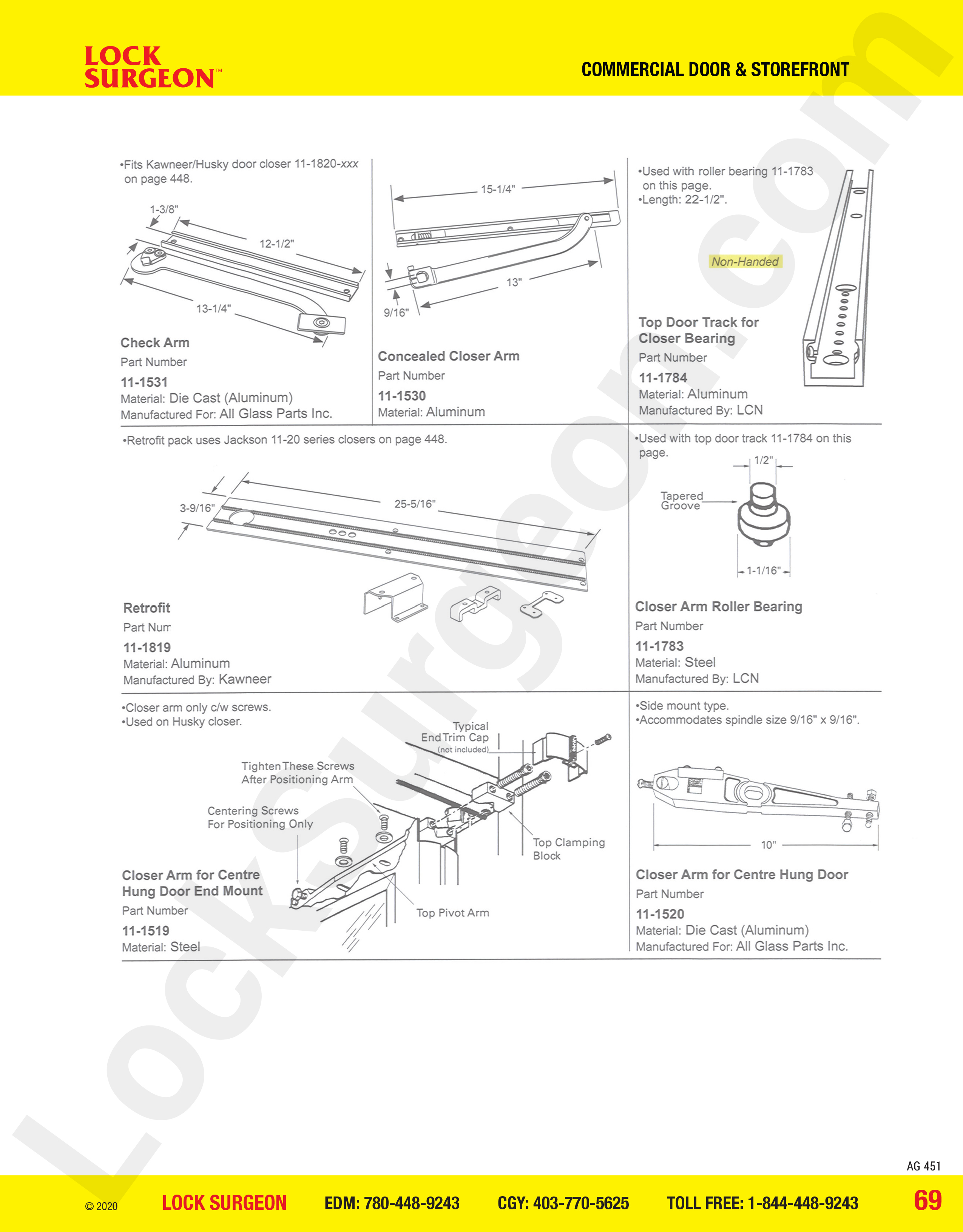 Commercial Door and Storefront parts for commercial closer arm roller bearings & end mounts.