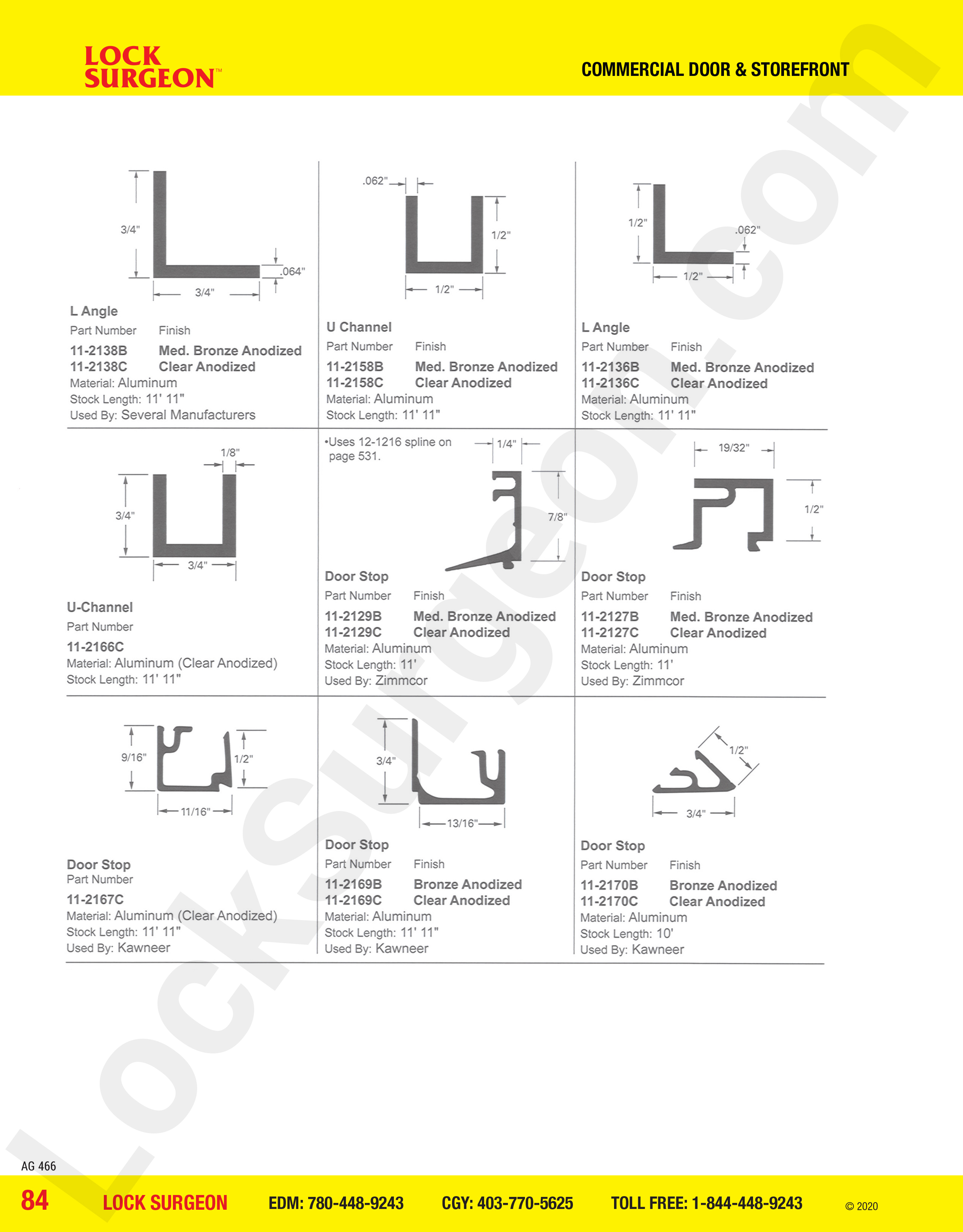 Commercial Door and Storefront door stops, angles and u-channel