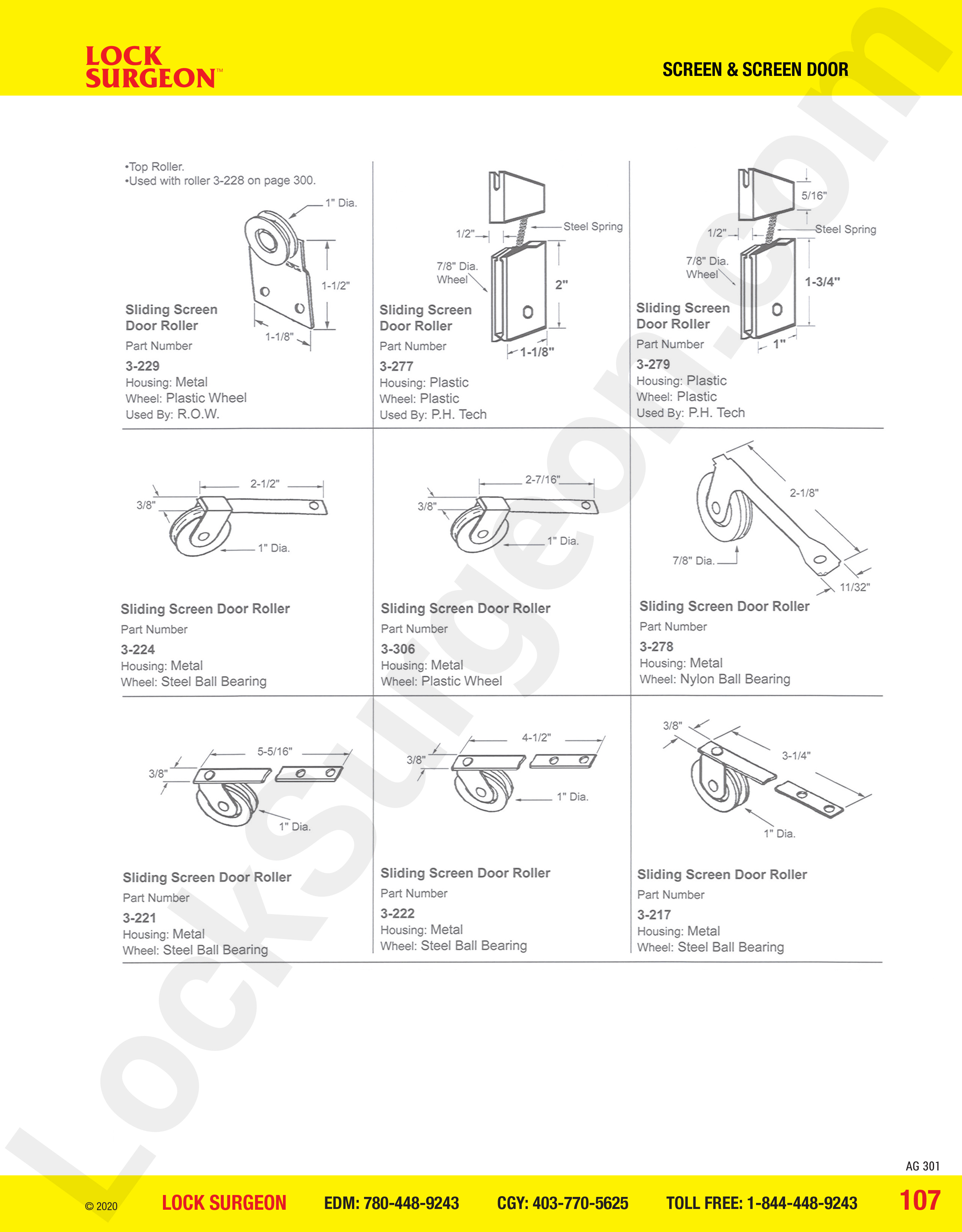 Screen Door sliding rollers R.O.W. & PH Tech rollers in steel, plastic or nylon ball-bearing.