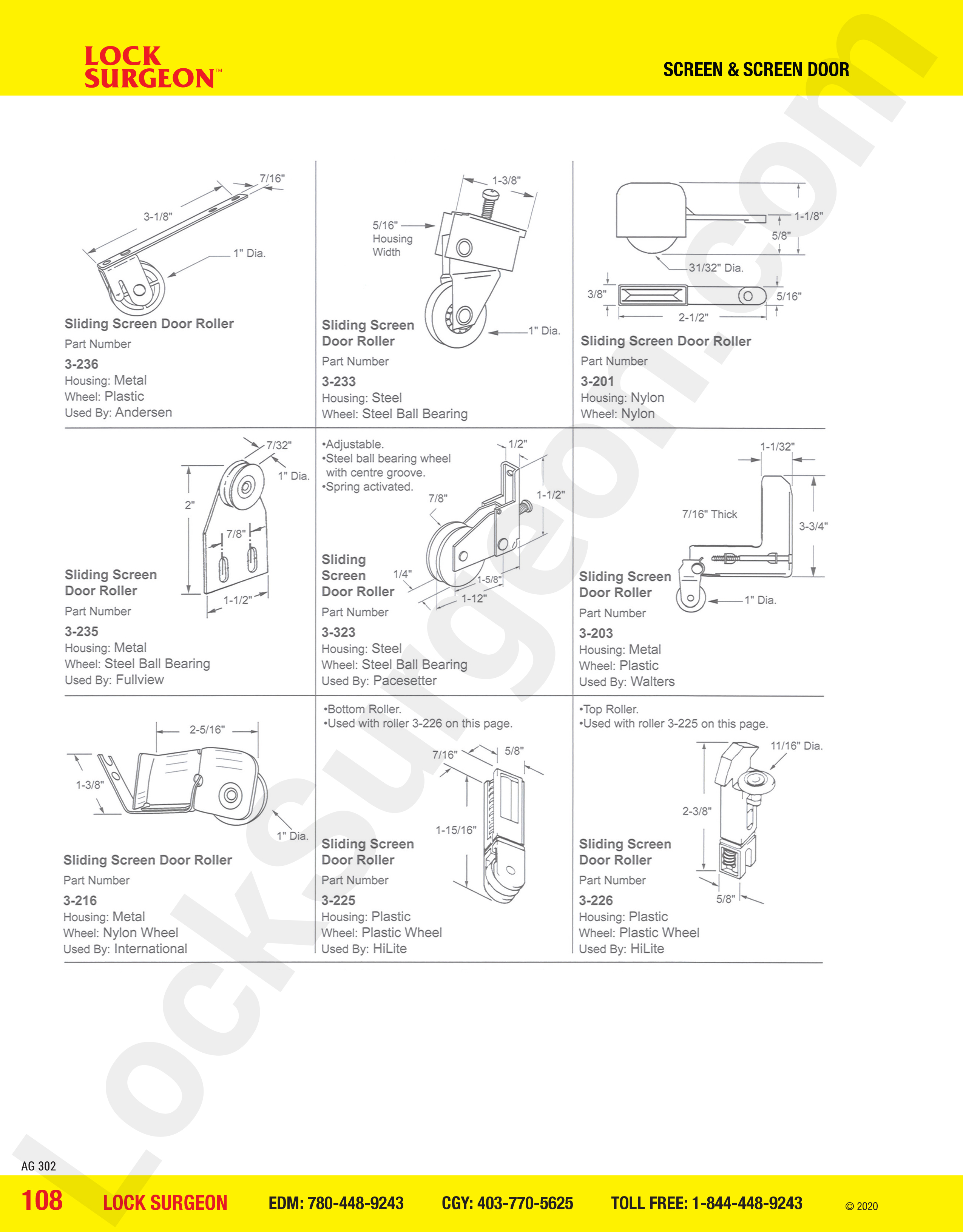 Sliding screen door rollers by Andersen, Fullview, Pacesetter, Walters, Internationa & HiLite.