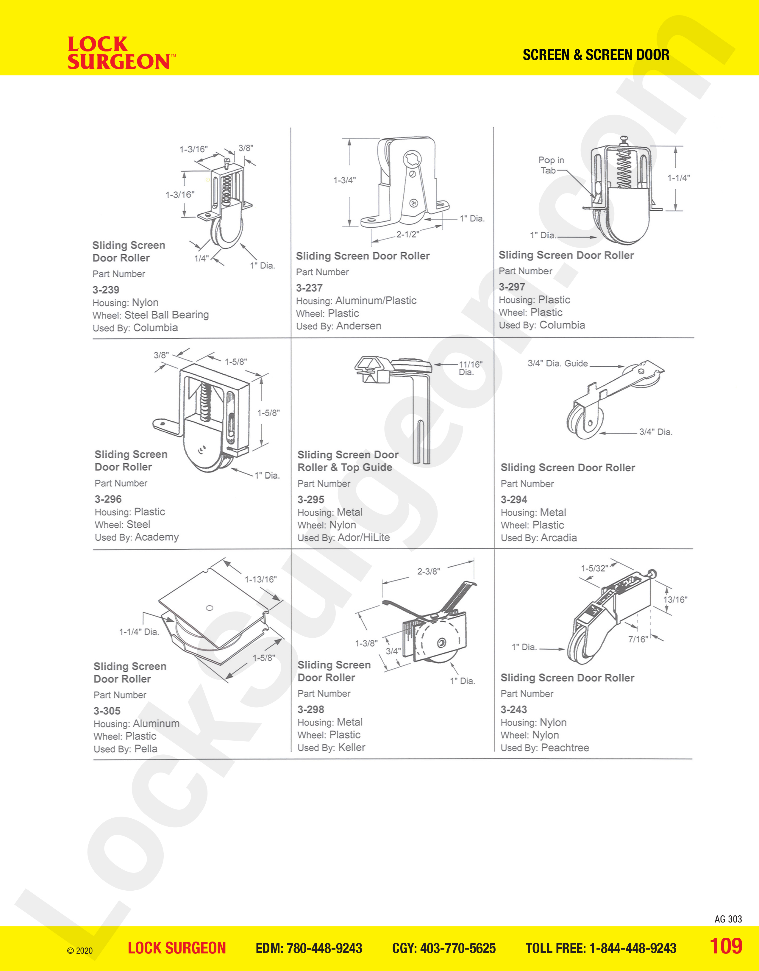 Sliding Screen Door Rollers by Manufacturer Columbia, Andersen, Academy, Ador-HiLite, Arcadia Pella.