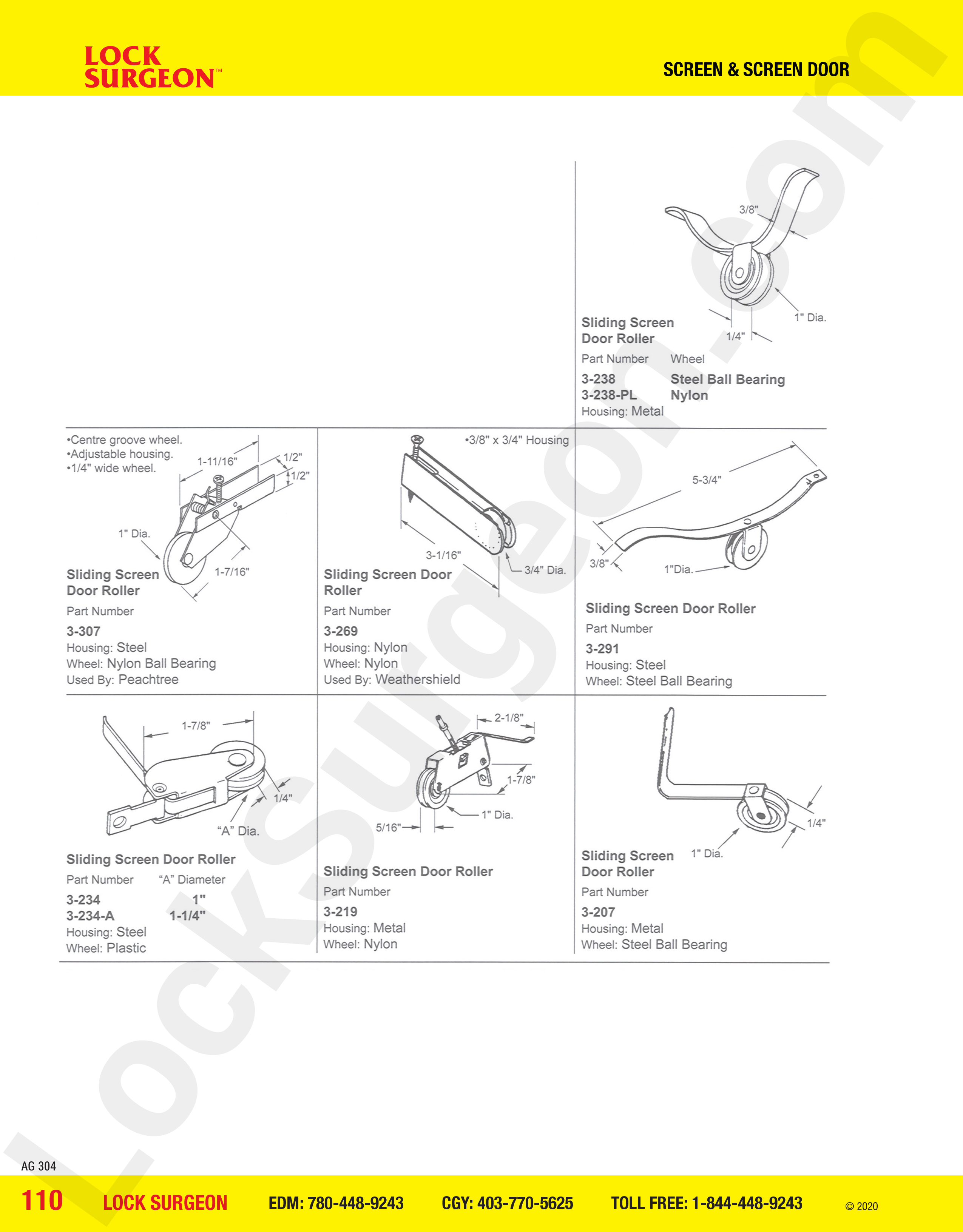 Sliding Screen Door roller metal housing, Peachtree centre-groove roller, weathershield rollers.