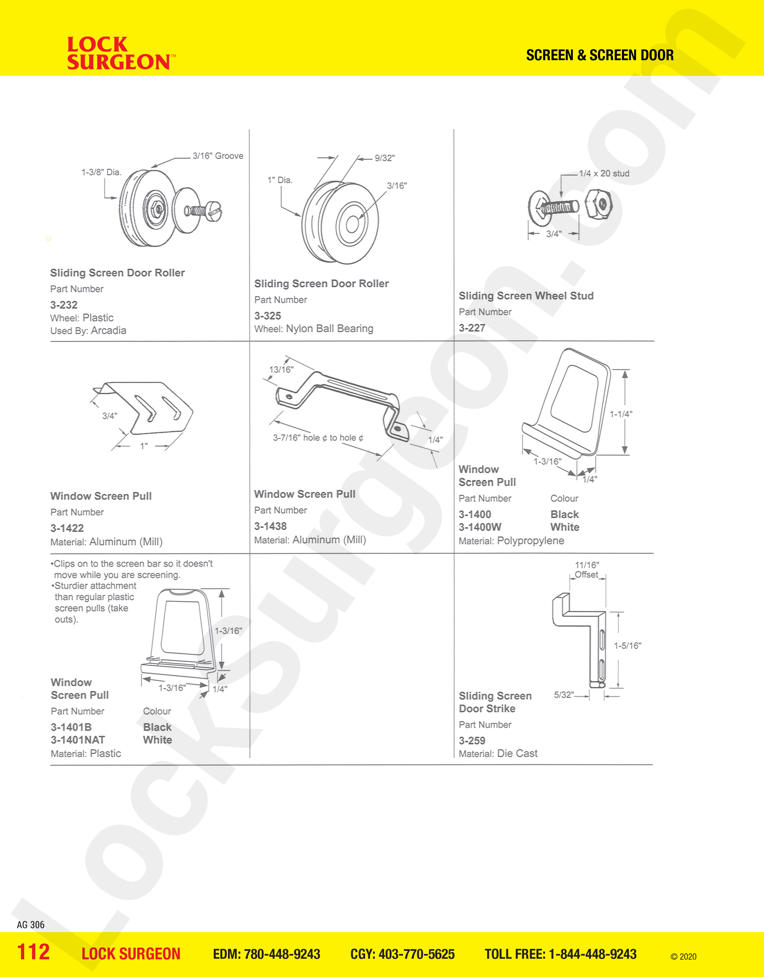 Window screen pulls for Arcadia polypropylene or plastic, sliding screen door strikes, wheel studs.