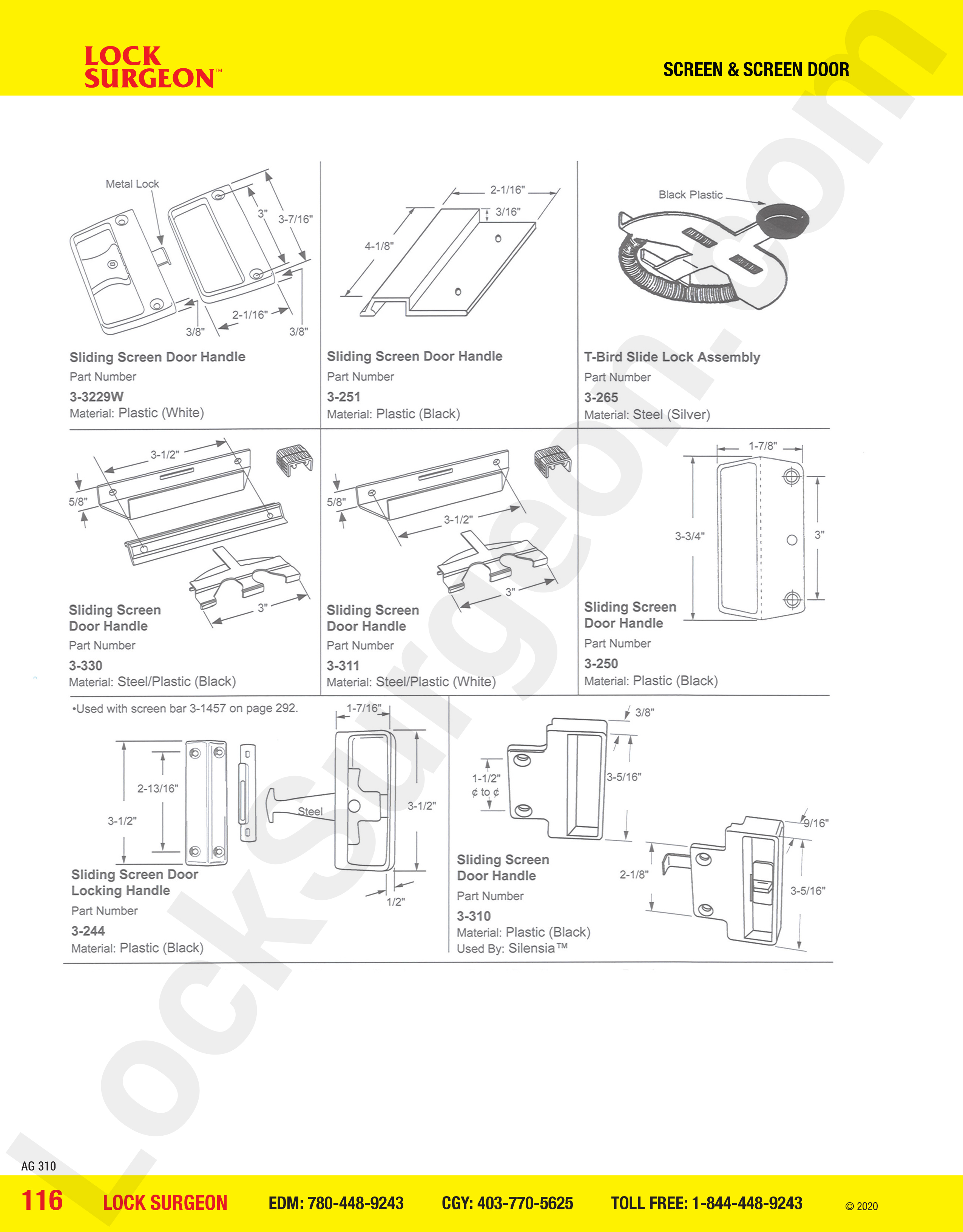 Sliding Screen Door handles plastic white or black, T-bird slide lock assemblies also in steel.