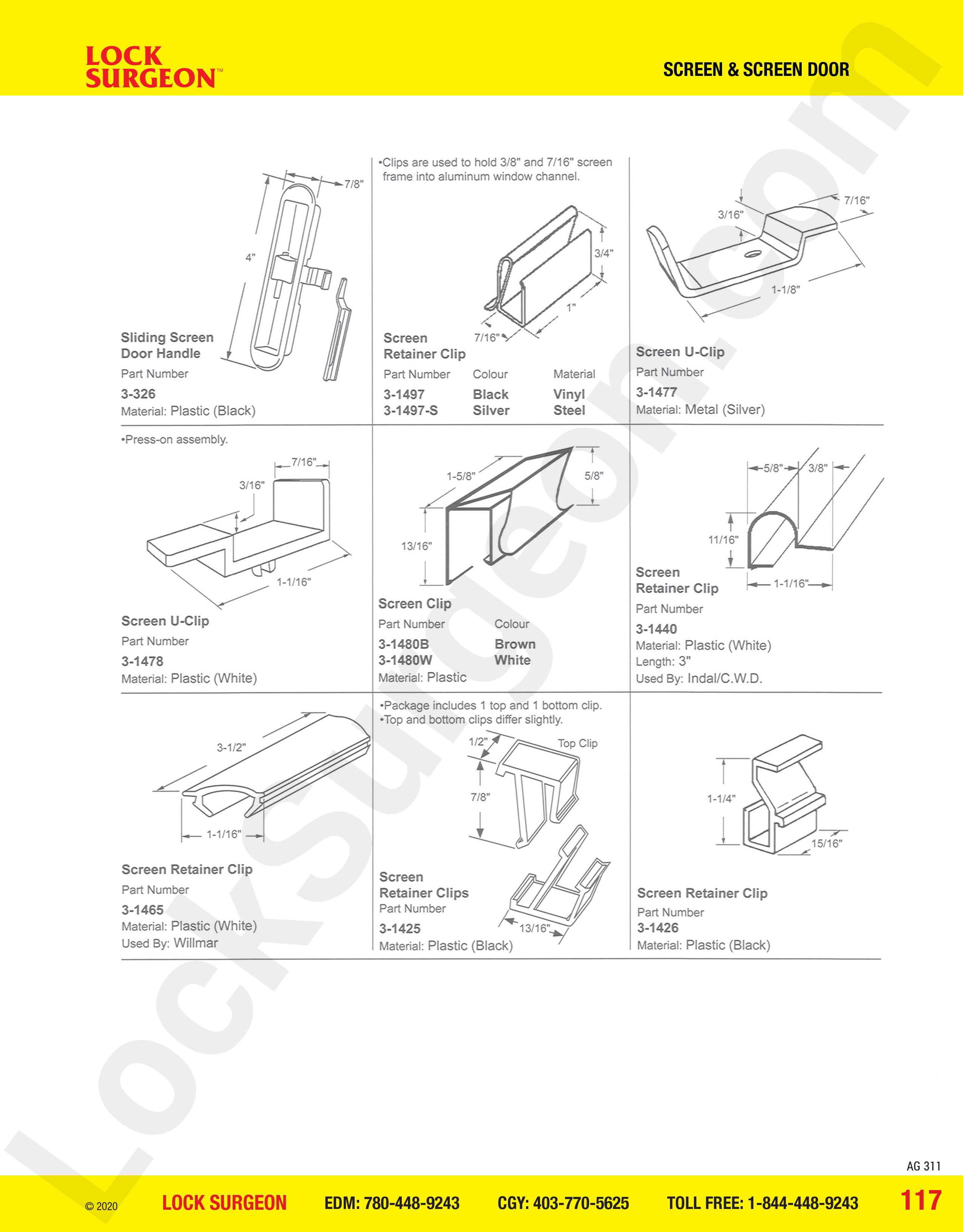 Lock Surgeon Edmonton South Screen retainer clips, U-clips in metal or plastic for Indal-C.W.C.