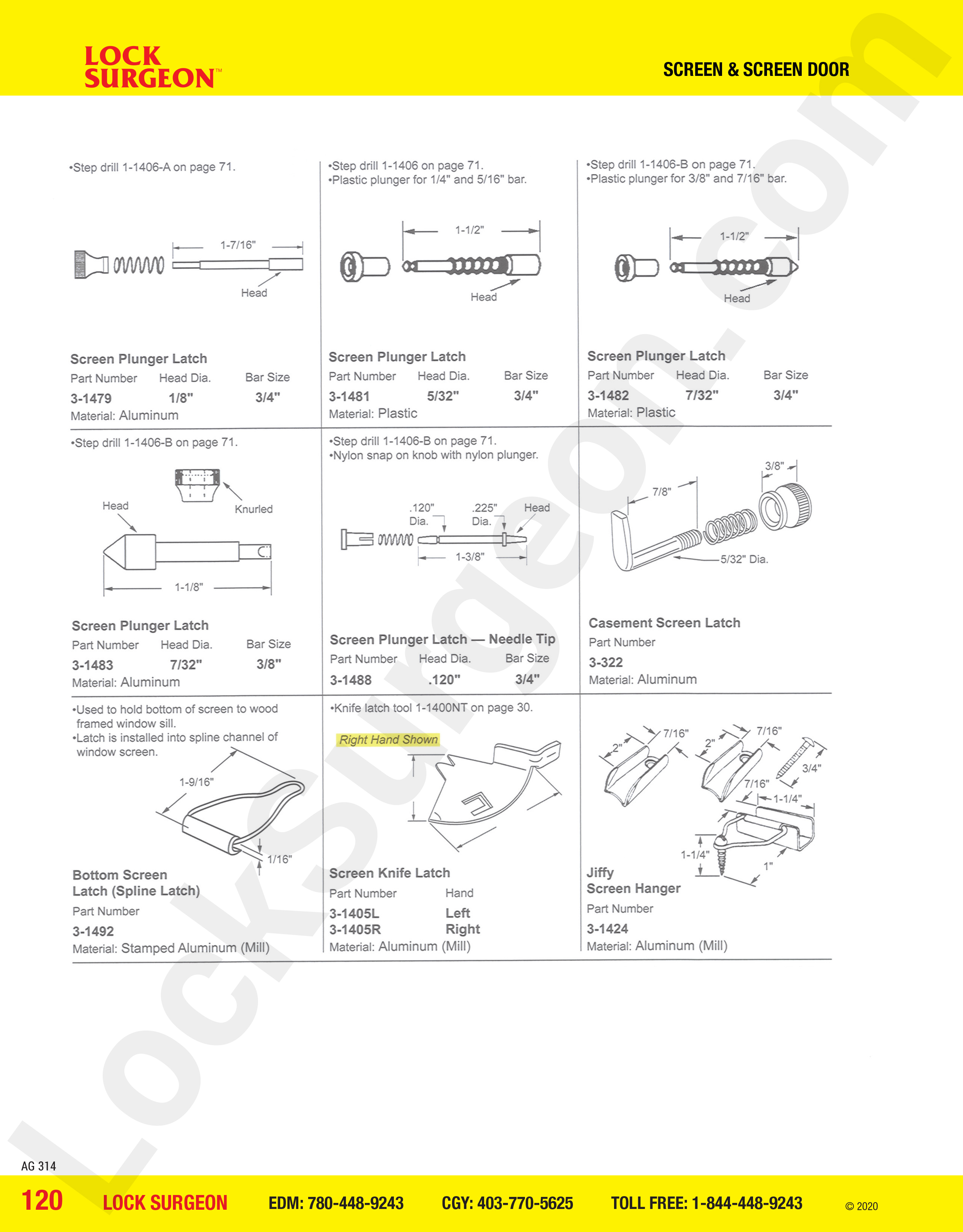 Screen Door plunger latches in aluminum or plastic, needle-tip, casement screen latch, spline latch.