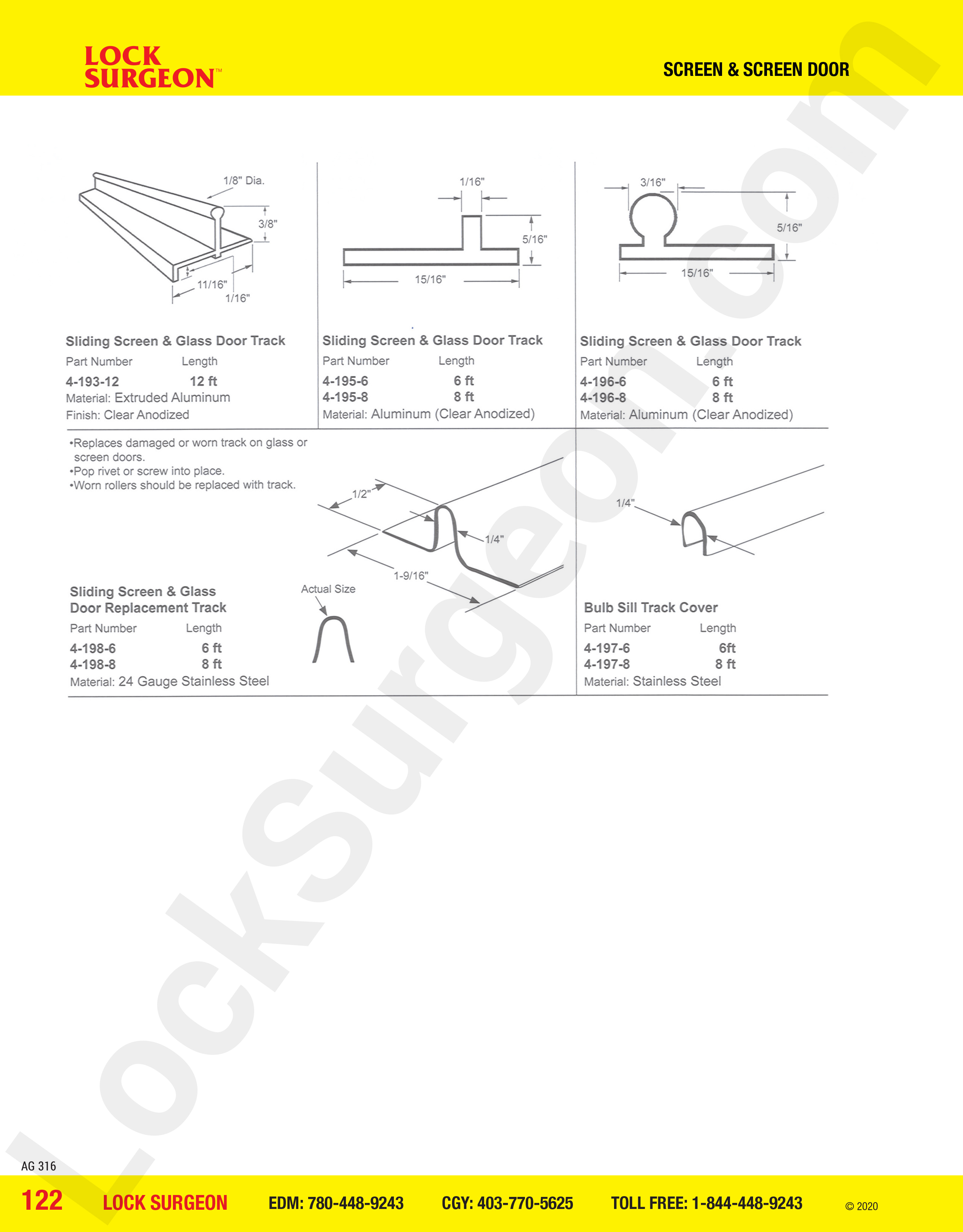 Sliding screen door track clear anodized, aluminum, rounded, replacment track & bulb sill cover.