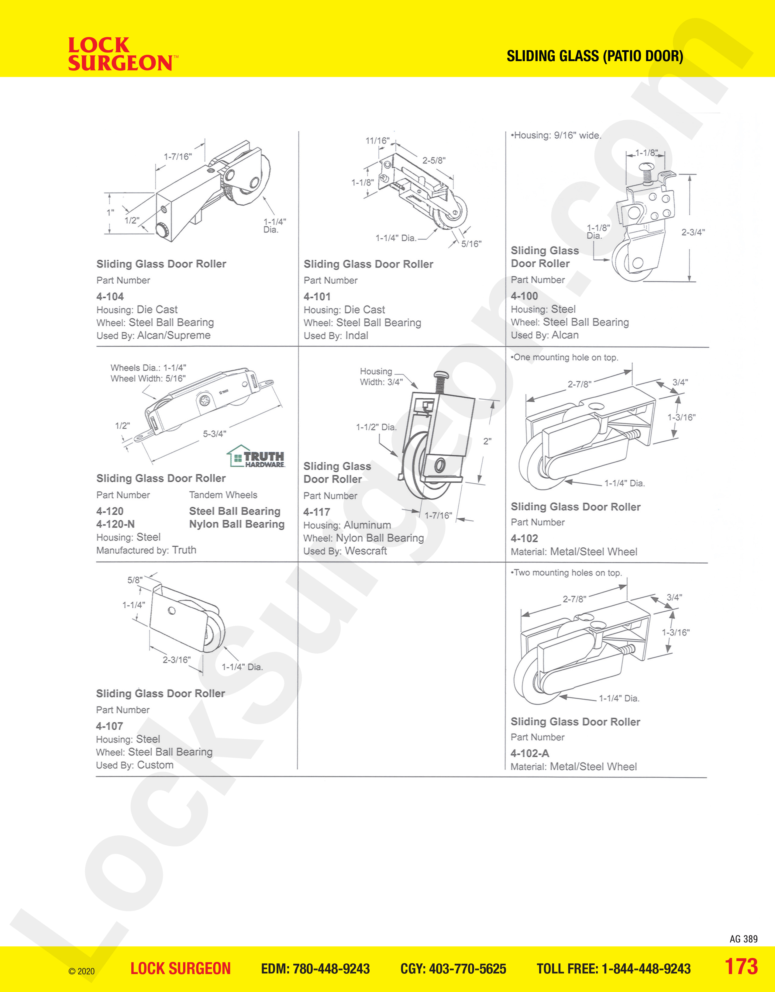 Sliding Glass Patio Door rollers for Alcan, Indal, Truth Hardware, Wescraft & custom doors.