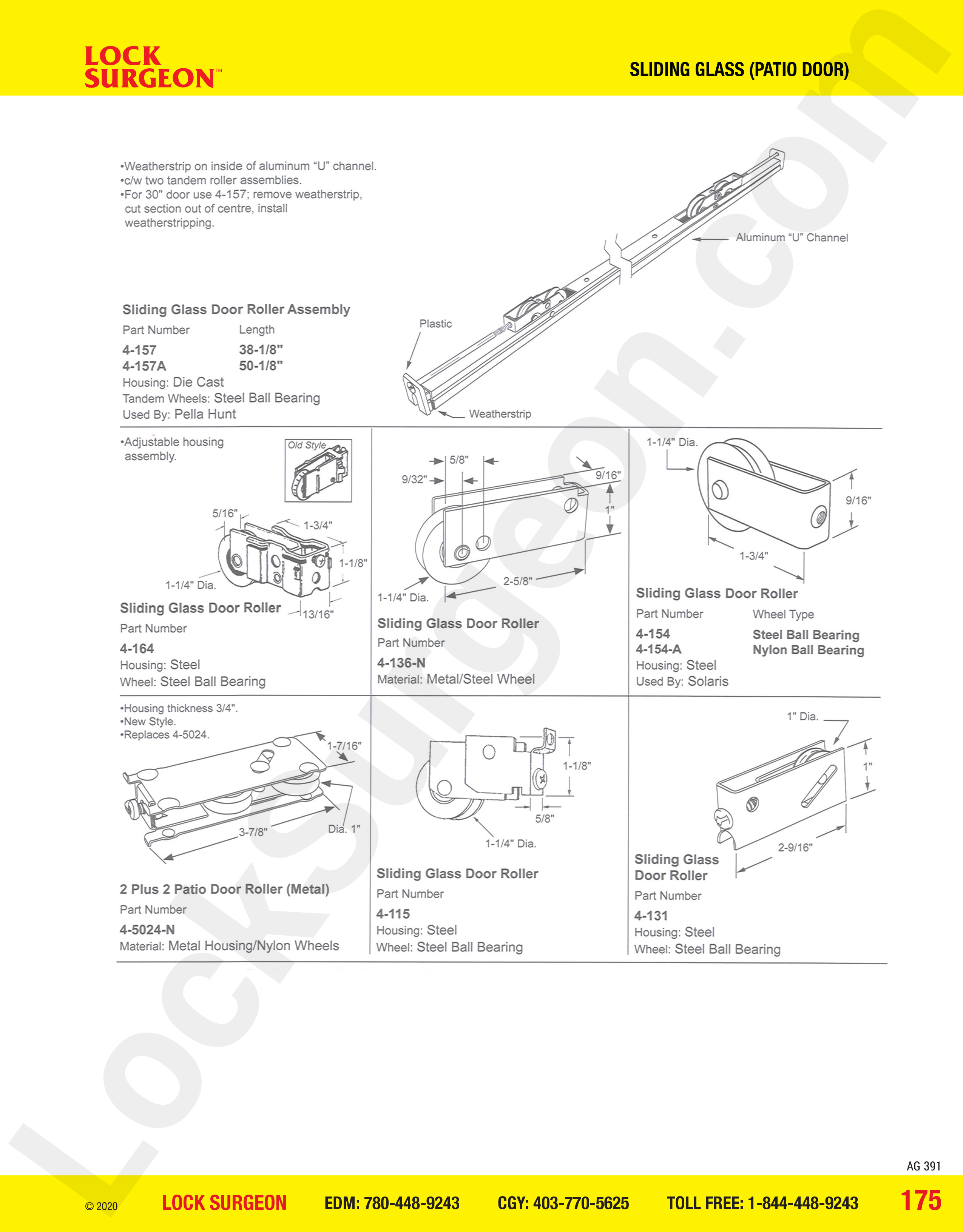 Lock Surgeon Edmonton South Sliding glass door roller & assembly for Pella Hunt, Solaris & 2 Plus 2.