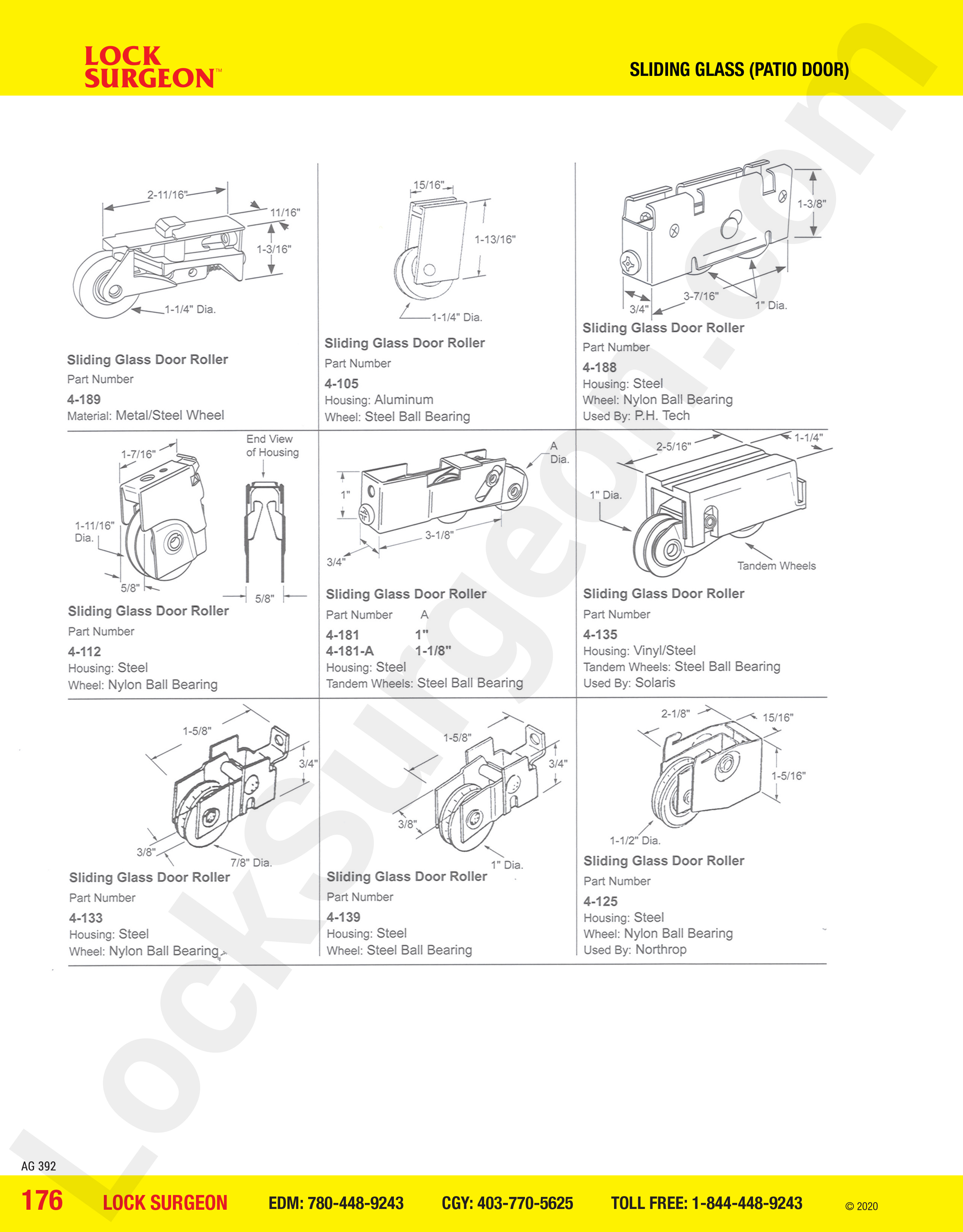 Sliding glass door rollers in steel & aluminum & steel ball-bearings for PH-Tech & Northrop brands.