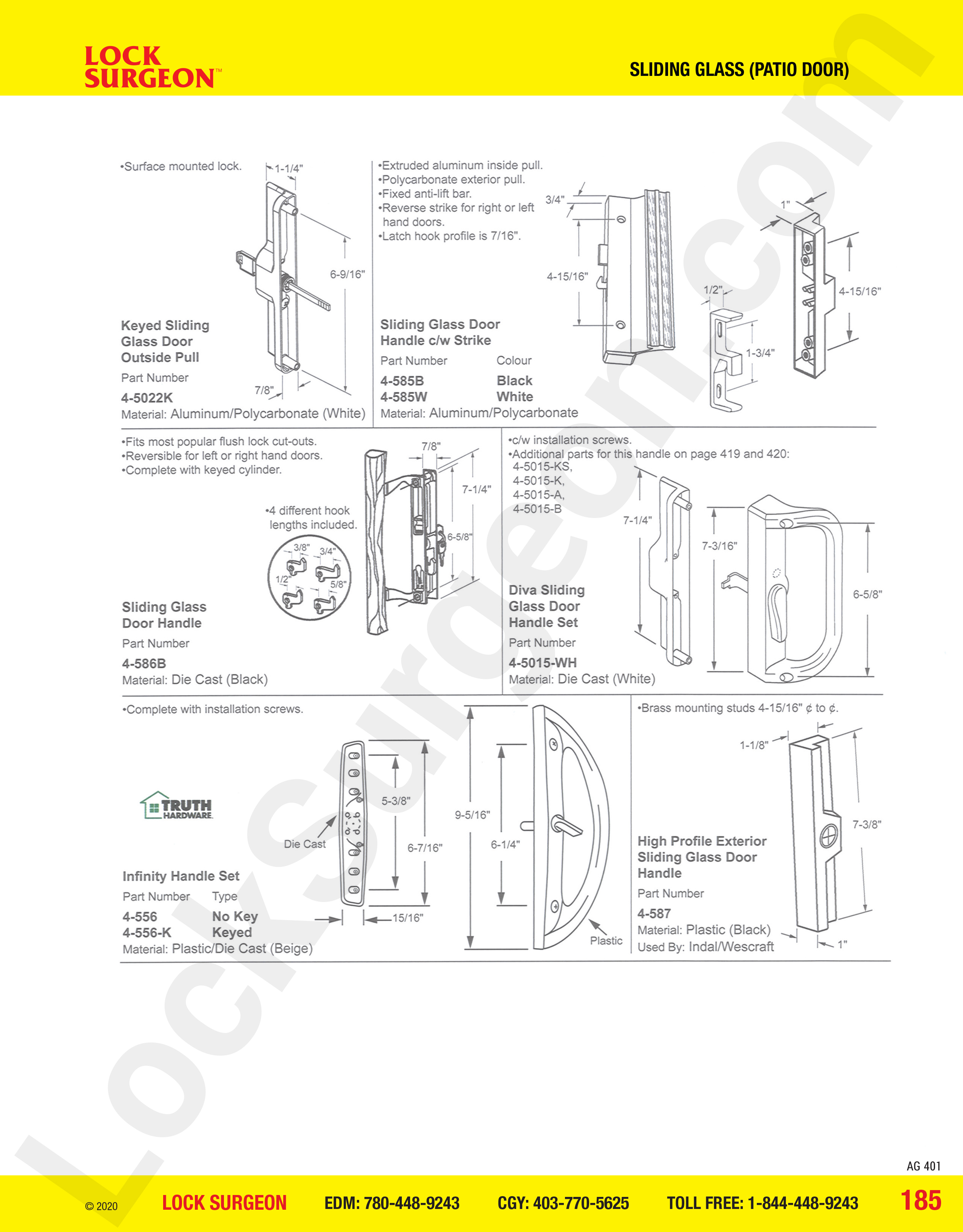 Sliding glass patio door handles for Truth Hardware with strike and four hook lengths included.