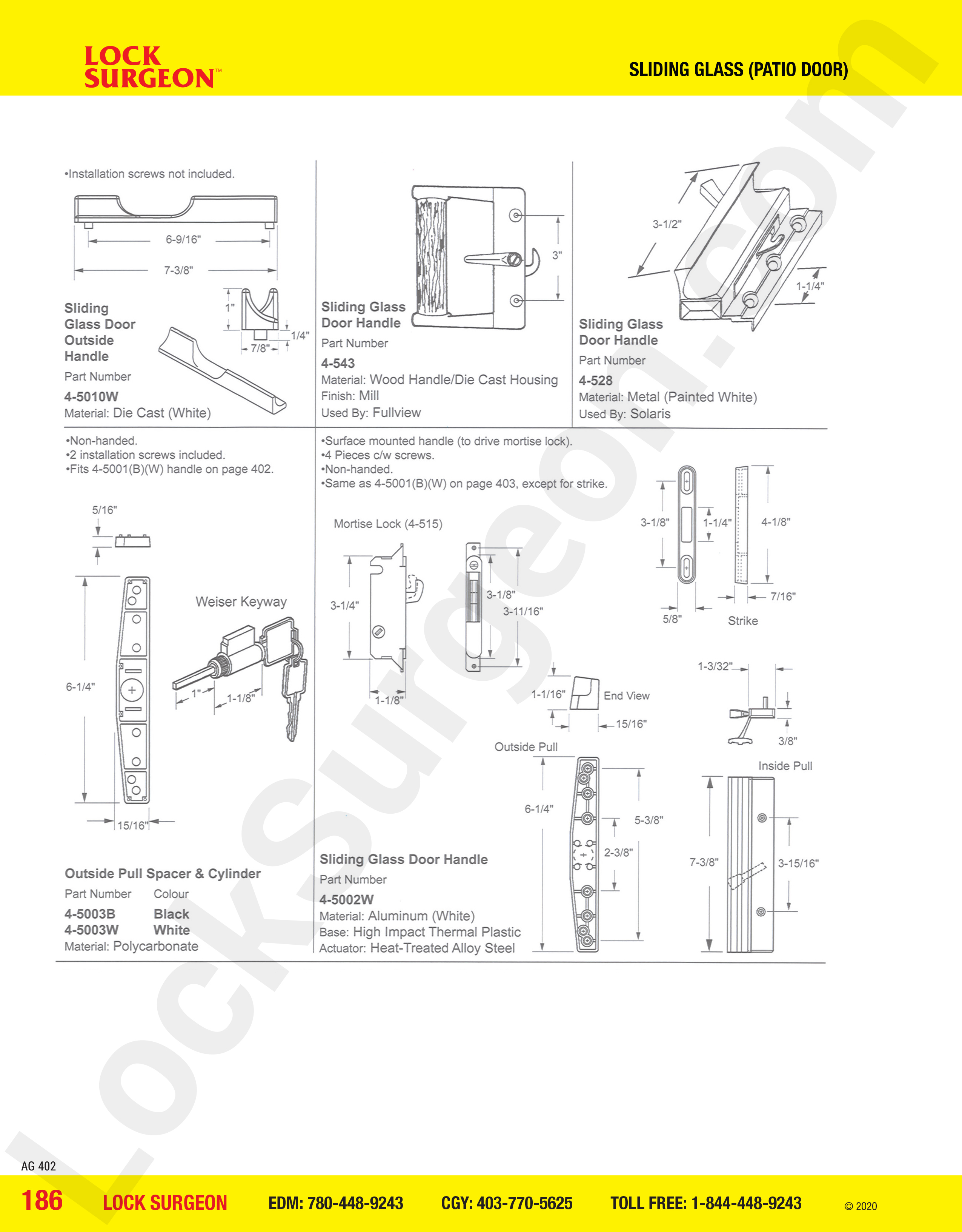 Sliding Glass Patio Door handles & pulls for Fullview & Solaris with spacers, cylinders & actuator.