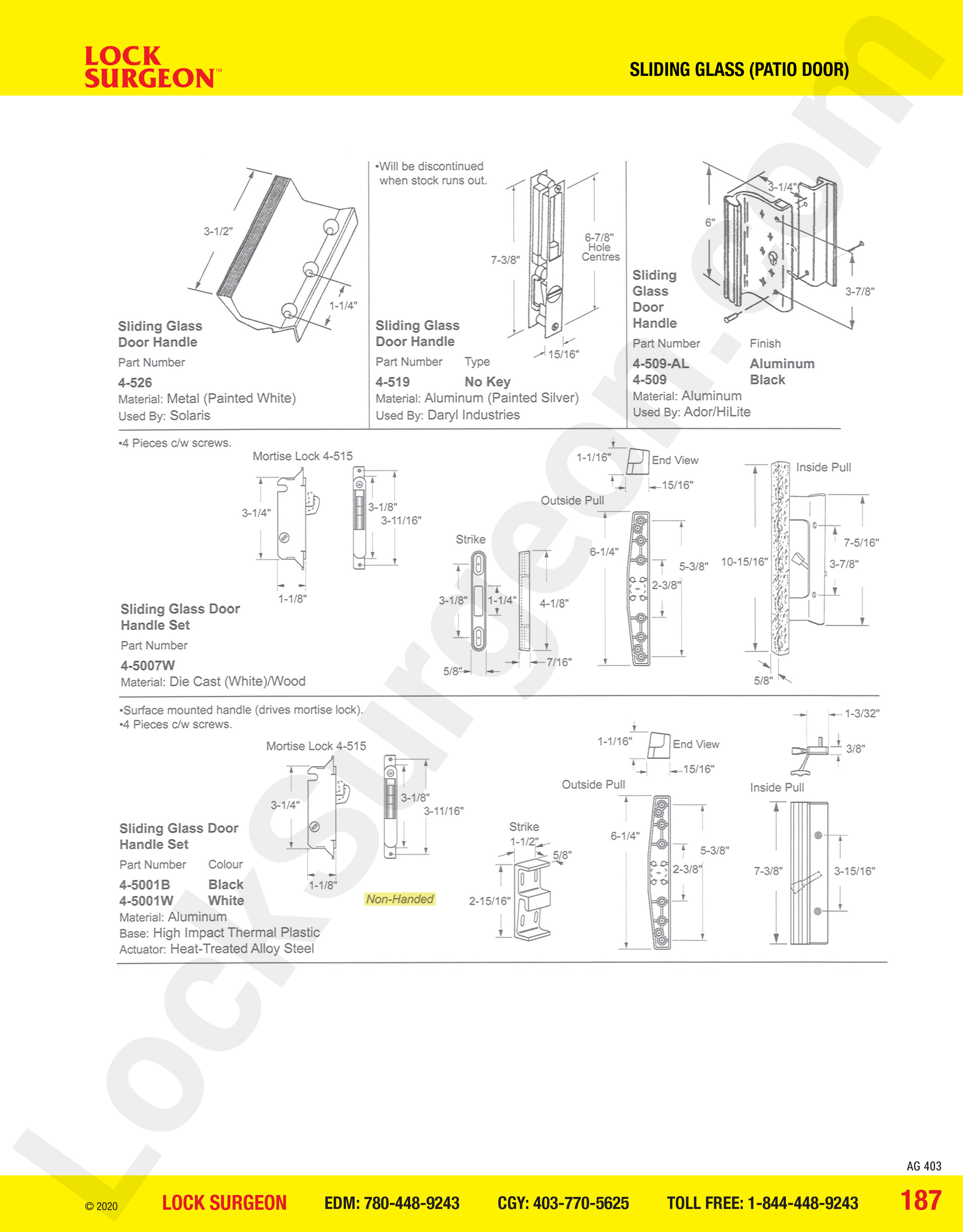 Edmonton South Lock Surgeon Sliding Glass Patio Door handle sets Daryl Industries, Solaris & Ador