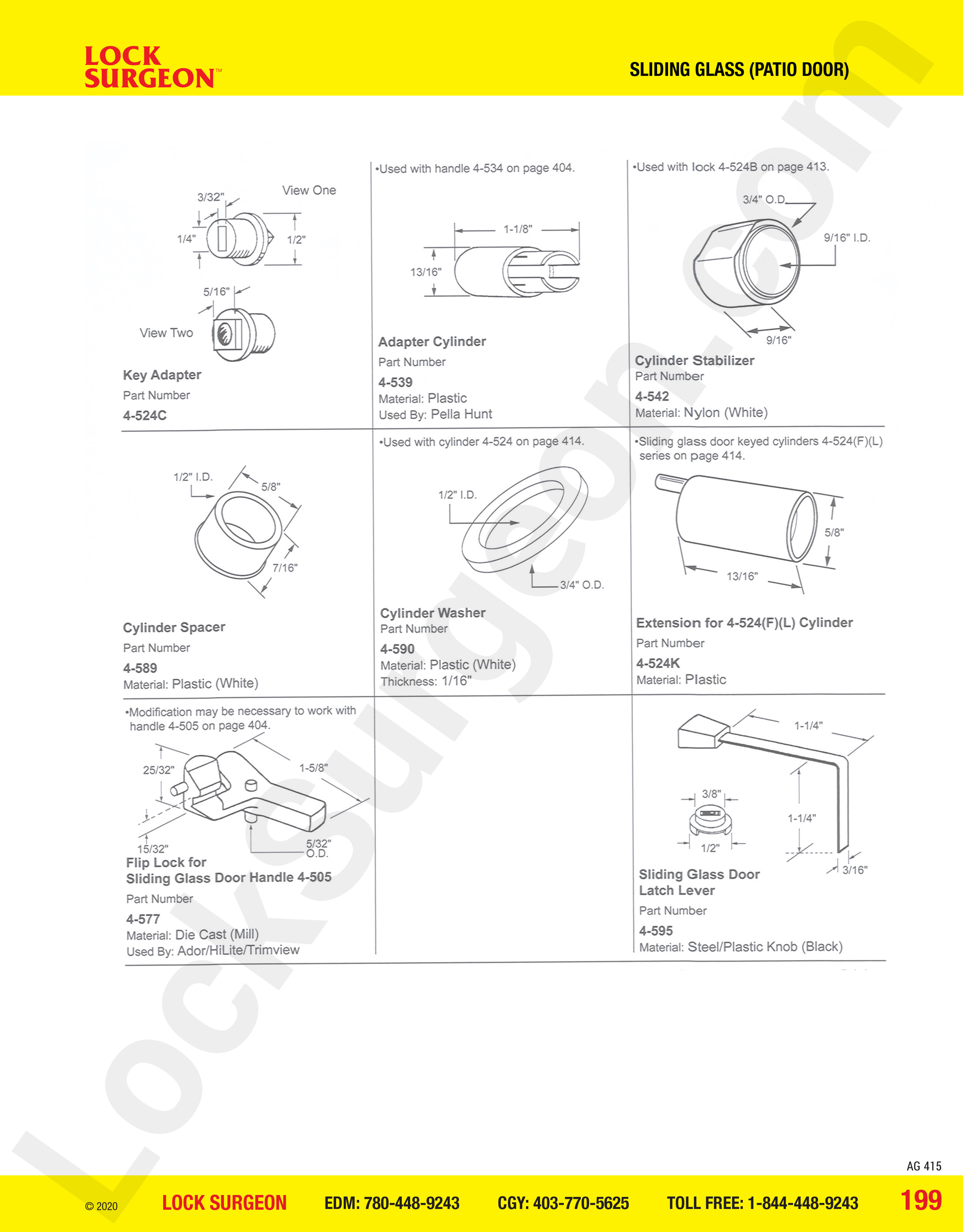 Sliding Glass Patio Door cylinder parts, key adapters, adapter cylinders, cylinder stabilizers.